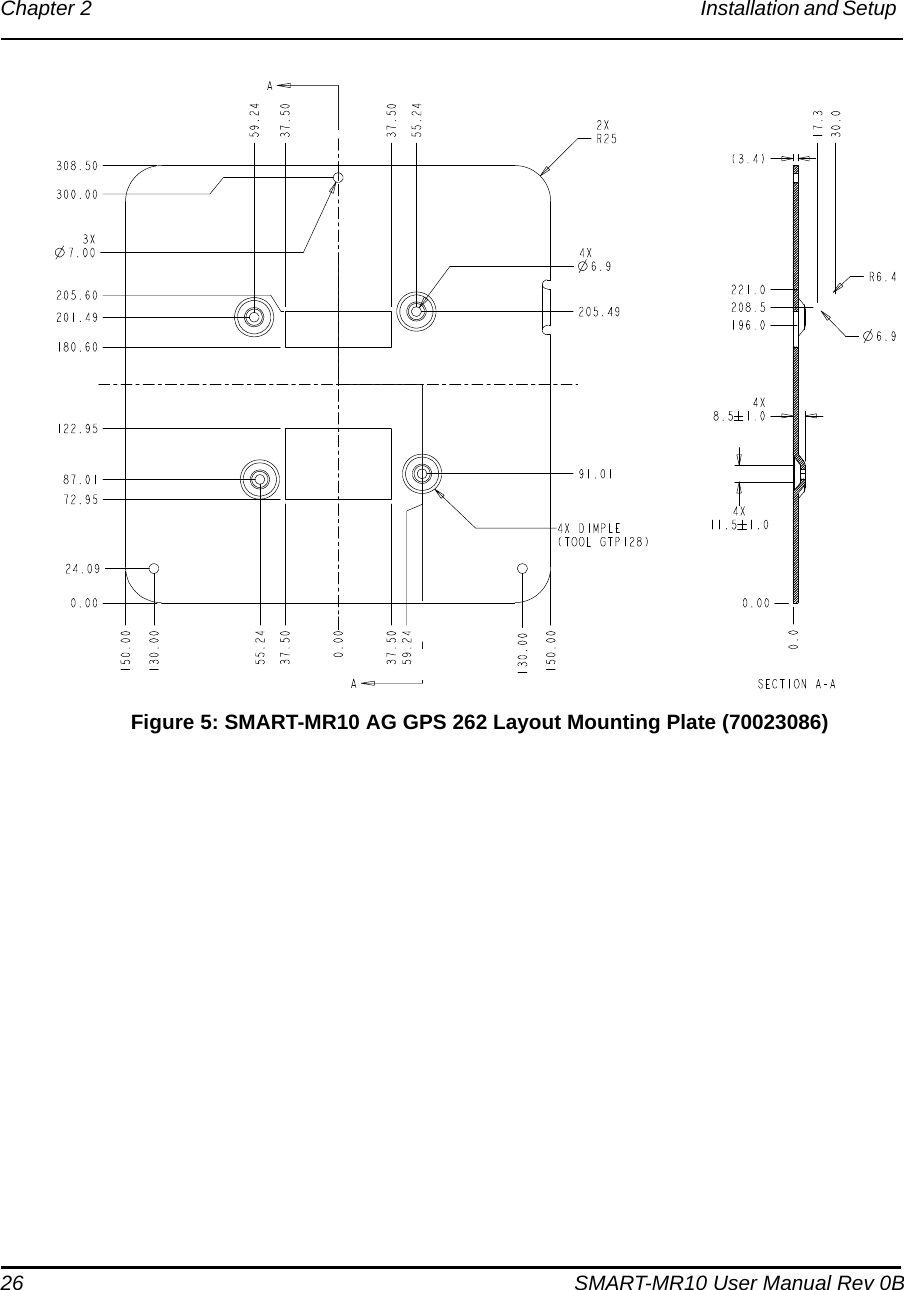 26 SMART-MR10 User Manual Rev 0BChapter 2 Installation and Setup  Figure 5: SMART-MR10 AG GPS 262 Layout Mounting Plate (70023086)