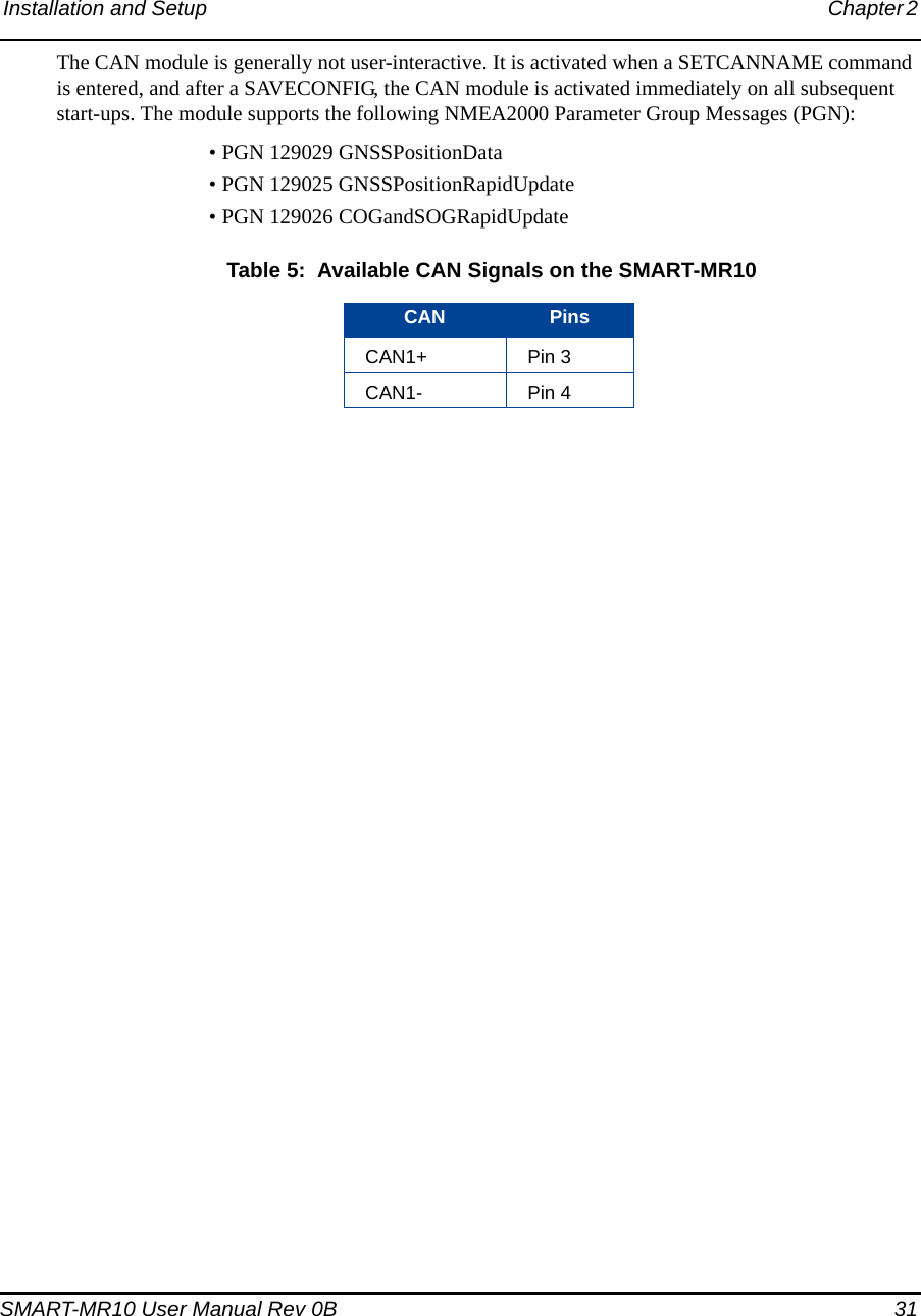 Installation and Setup Chapter 2 SMART-MR10 User Manual Rev 0B  31The CAN module is generally not user-interactive. It is activated when a SETCANNAME command is entered, and after a SAVECONFIG, the CAN module is activated immediately on all subsequent start-ups. The module supports the following NMEA2000 Parameter Group Messages (PGN): • PGN 129029 GNSSPositionData • PGN 129025 GNSSPositionRapidUpdate• PGN 129026 COGandSOGRapidUpdate  Table 5:  Available CAN Signals on the SMART-MR10CAN PinsCAN1+ Pin 3CAN1- Pin 4