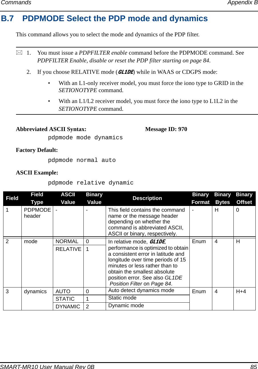 Commands Appendix BSMART-MR10 User Manual Rev 0B  85B.7 PDPMODE Select the PDP mode and dynamicsThis command allows you to select the mode and dynamics of the PDP filter.1. You must issue a PDPFILTER enable command before the PDPMODE command. See PDPFILTER Enable, disable or reset the PDP filter starting on page 84.2. If you choose RELATIVE mode (GL1DE) while in WAAS or CDGPS mode:• With an L1-only receiver model, you must force the iono type to GRID in the SETIONOTYPE command. • With an L1/L2 receiver model, you must force the iono type to L1L2 in the SETIONOTYPE command.Abbreviated ASCII Syntax: Message ID: 970pdpmode mode dynamicsFactory Default:pdpmode normal autoASCII Example:pdpmode relative dynamicField FieldTypeASCIIValueBinaryValue Description BinaryFormatBinaryBytesBinaryOffset1 PDPMODE header - - This field contains the command name or the message header depending on whether the command is abbreviated ASCII, ASCII or binary, respectively.-H02 mode NORMAL 0 In relative mode, GL1DE, performance is optimized to obtain a consistent error in latitude and longitude over time periods of 15 minutes or less rather than to obtain the smallest absolute position error. See also GL1DE Position Filter on Page 84.Enum 4 HRELATIVE 13 dynamics AUTO 0 Auto detect dynamics mode Enum 4 H+4STATIC 1 Static modeDYNAMIC 2 Dynamic mode