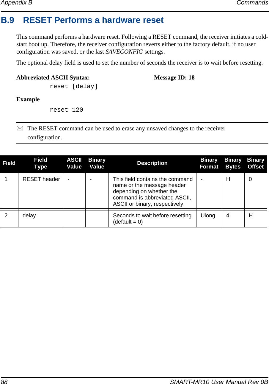 88 SMART-MR10 User Manual Rev 0BAppendix B CommandsB.9 RESET Performs a hardware resetThis command performs a hardware reset. Following a RESET command, the receiver initiates a cold-start boot up. Therefore, the receiver configuration reverts either to the factory default, if no user configuration was saved, or the last SAVECONFIG settings.The optional delay field is used to set the number of seconds the receiver is to wait before resetting.Abbreviated ASCII Syntax: Message ID: 18reset [delay]Examplereset 120The RESET command can be used to erase any unsaved changes to the receiver configuration.Field FieldType ASCIIValue BinaryValue Description BinaryFormat BinaryBytes BinaryOffset1RESET header - - This field contains the command name or the message header depending on whether the command is abbreviated ASCII, ASCII or binary, respectively.- H 02delay Seconds to wait before resetting. (default = 0) Ulong 4 H