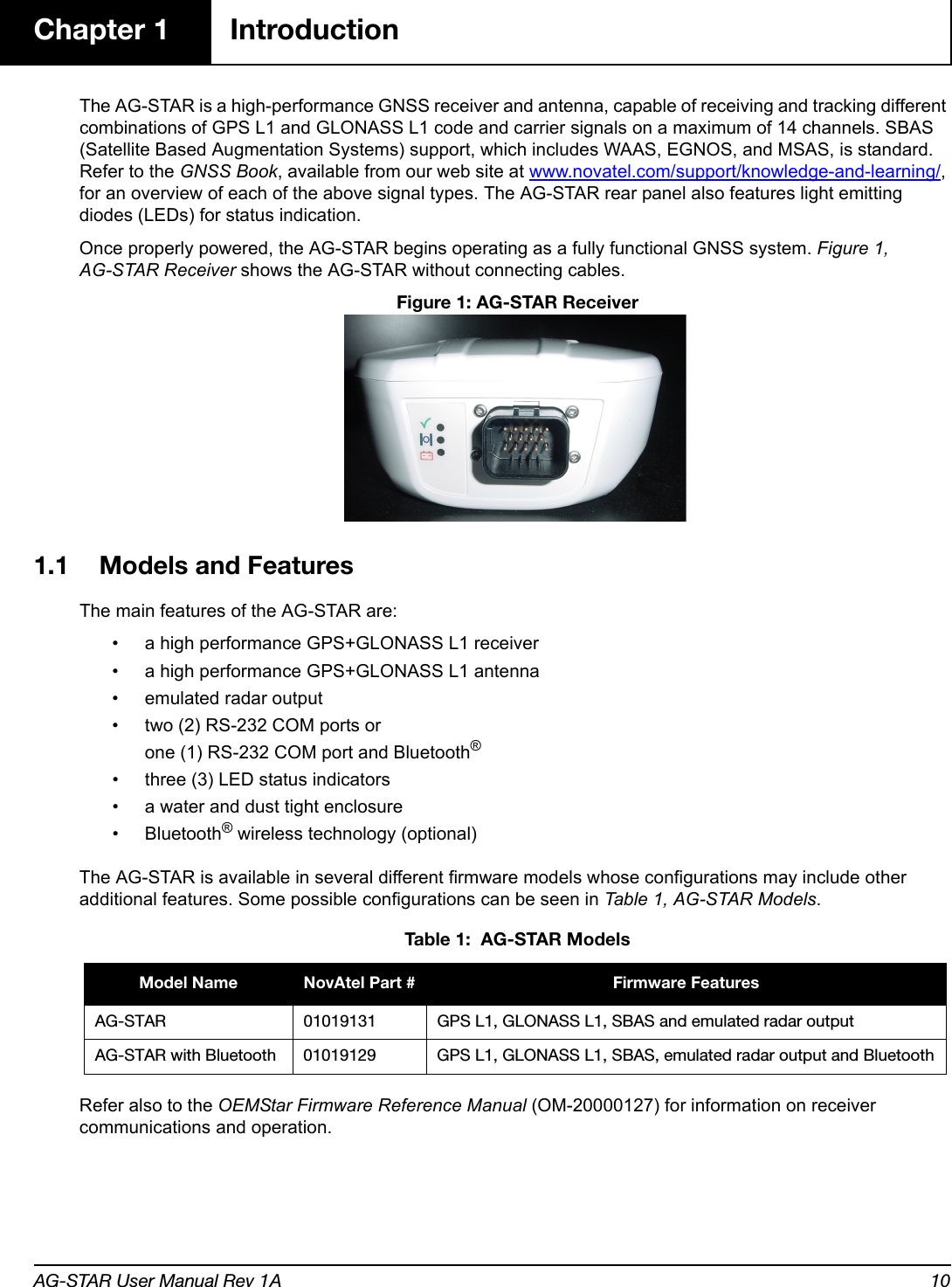 AG-STAR User Manual Rev 1A 10Chapter 1 IntroductionThe AG-STAR is a high-performance GNSS receiver and antenna, capable of receiving and tracking different combinations of GPS L1 and GLONASS L1 code and carrier signals on a maximum of 14 channels. SBAS (Satellite Based Augmentation Systems) support, which includes WAAS, EGNOS, and MSAS, is standard. Refer to the GNSS Book, available from our web site at www.novatel.com/support/knowledge-and-learning/, for an overview of each of the above signal types. The AG-STAR rear panel also features light emitting diodes (LEDs) for status indication.Once properly powered, the AG-STAR begins operating as a fully functional GNSS system. Figure 1, AG-STAR Receiver shows the AG-STAR without connecting cables. Figure 1: AG-STAR Receiver1.1 Models and FeaturesThe main features of the AG-STAR are:• a high performance GPS+GLONASS L1 receiver• a high performance GPS+GLONASS L1 antenna• emulated radar output• two (2) RS-232 COM ports or one (1) RS-232 COM port and Bluetooth® • three (3) LED status indicators• a water and dust tight enclosure• Bluetooth® wireless technology (optional)The AG-STAR is available in several different firmware models whose configurations may include other additional features. Some possible configurations can be seen in Table 1, AG-STAR Models.Refer also to the OEMStar Firmware Reference Manual (OM-20000127) for information on receiver communications and operation. Tab l e  1 :  A G -S TA R M o de l sModel Name NovAtel Part # Firmware FeaturesAG-STAR 01019131 GPS L1, GLONASS L1, SBAS and emulated radar outputAG-STAR with Bluetooth 01019129 GPS L1, GLONASS L1, SBAS, emulated radar output and Bluetooth