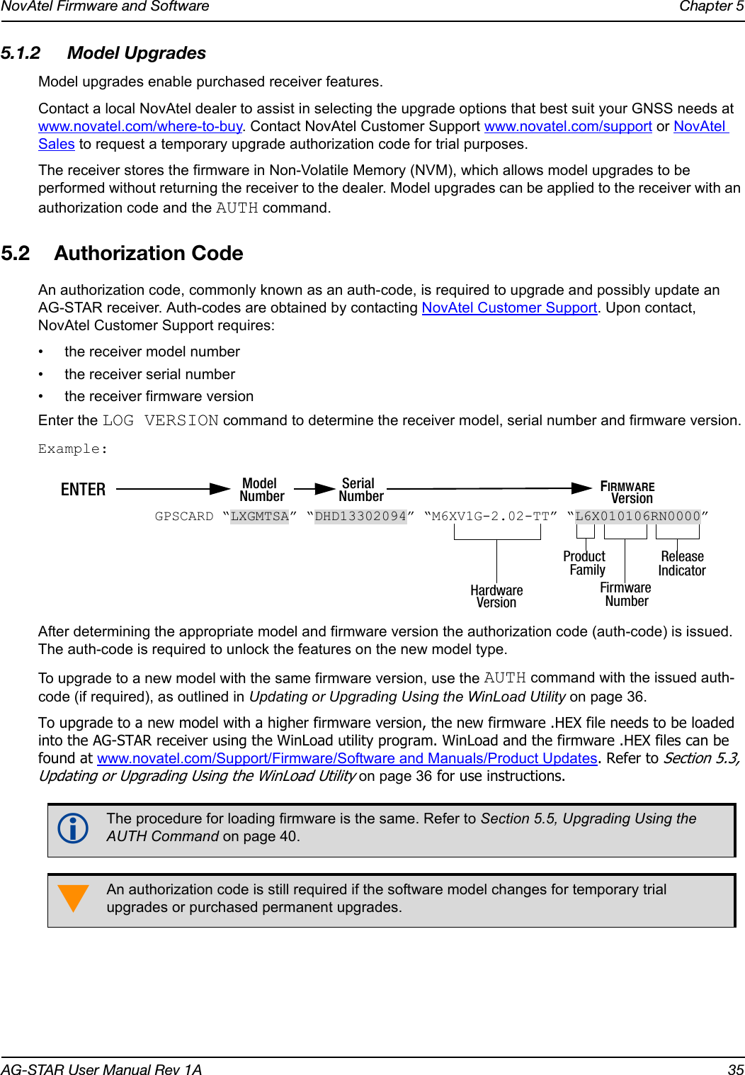 NovAtel Firmware and Software Chapter 5AG-STAR User Manual Rev 1A 355.1.2 Model UpgradesModel upgrades enable purchased receiver features.Contact a local NovAtel dealer to assist in selecting the upgrade options that best suit your GNSS needs at www.novatel.com/where-to-buy. Contact NovAtel Customer Support www.novatel.com/support or NovAtel Sales to request a temporary upgrade authorization code for trial purposes.The receiver stores the firmware in Non-Volatile Memory (NVM), which allows model upgrades to be performed without returning the receiver to the dealer. Model upgrades can be applied to the receiver with an authorization code and the AUTH command.5.2 Authorization CodeAn authorization code, commonly known as an auth-code, is required to upgrade and possibly update an AG-STAR receiver. Auth-codes are obtained by contacting NovAtel Customer Support. Upon contact, NovAtel Customer Support requires:• the receiver model number• the receiver serial number• the receiver firmware versionEnter the LOG VERSION command to determine the receiver model, serial number and firmware version.Example:After determining the appropriate model and firmware version the authorization code (auth-code) is issued. The auth-code is required to unlock the features on the new model type.To upgrade to a new model with the same firmware version, use the AUTH command with the issued auth-code (if required), as outlined in Updating or Upgrading Using the WinLoad Utility on page 36.To upgrade to a new model with a higher firmware version, the new firmware .HEX file needs to be loaded into the AG-STAR receiver using the WinLoad utility program. WinLoad and the firmware .HEX files can be found at www.novatel.com/Support/Firmware/Software and Manuals/Product Updates. Refer to Section 5.3, Updating or Upgrading Using the WinLoad Utility on page 36 for use instructions.The procedure for loading firmware is the same. Refer to Section 5.5, Upgrading Using the AUTH Command on page 40.An authorization code is still required if the software model changes for temporary trial upgrades or purchased permanent upgrades.ProductFirmwareReleaseIndicatorFamilyNumberSerialModelNumber Number FIRMWAREENTER VersionHardwareVersionGPSCARD “LXGMTSA” “DHD13302094” “M6XV1G-2.02-TT” “L6X010106RN0000”