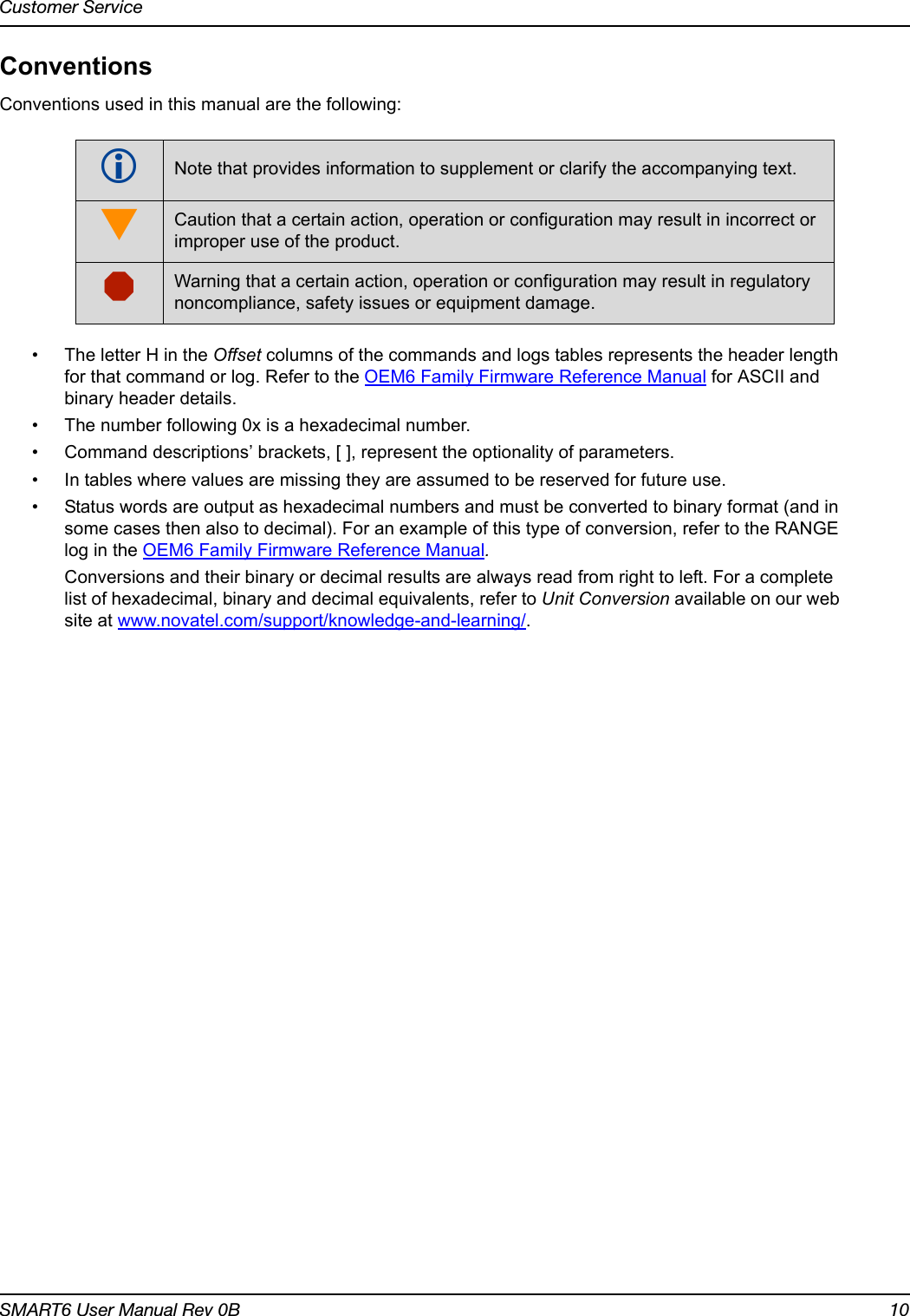 Customer ServiceSMART6 User Manual Rev 0B 10ConventionsConventions used in this manual are the following:• The letter H in the Offset columns of the commands and logs tables represents the header length for that command or log. Refer to the OEM6 Family Firmware Reference Manual for ASCII and binary header details.• The number following 0x is a hexadecimal number.• Command descriptions’ brackets, [ ], represent the optionality of parameters.• In tables where values are missing they are assumed to be reserved for future use.• Status words are output as hexadecimal numbers and must be converted to binary format (and in some cases then also to decimal). For an example of this type of conversion, refer to the RANGE log in the OEM6 Family Firmware Reference Manual.Conversions and their binary or decimal results are always read from right to left. For a complete list of hexadecimal, binary and decimal equivalents, refer to Unit Conversion available on our web site at www.novatel.com/support/knowledge-and-learning/.Note that provides information to supplement or clarify the accompanying text.Caution that a certain action, operation or configuration may result in incorrect or improper use of the product.Warning that a certain action, operation or configuration may result in regulatory noncompliance, safety issues or equipment damage.