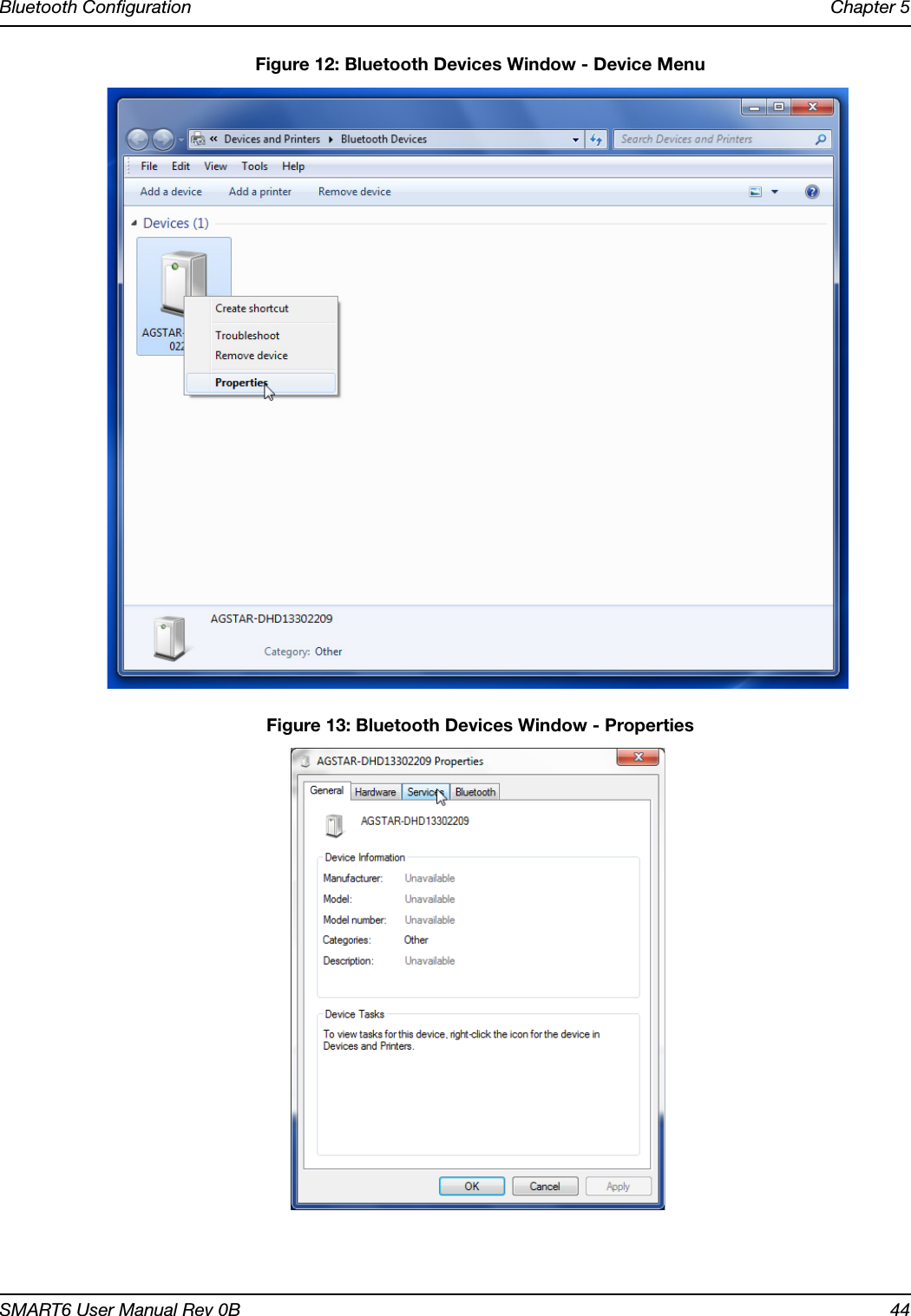 Bluetooth Configuration Chapter 5SMART6 User Manual Rev 0B 44 Figure 12: Bluetooth Devices Window - Device Menu Figure 13: Bluetooth Devices Window - Properties