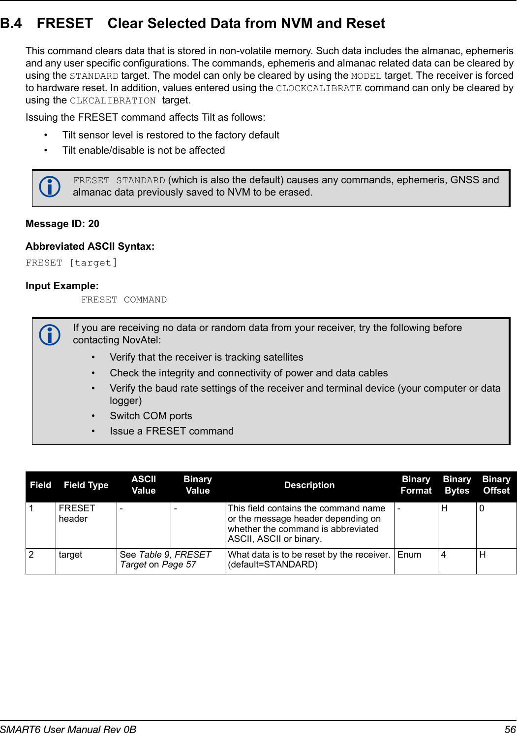 SMART6 User Manual Rev 0B 56B.4 FRESET Clear Selected Data from NVM and ResetThis command clears data that is stored in non-volatile memory. Such data includes the almanac, ephemeris and any user specific configurations. The commands, ephemeris and almanac related data can be cleared by using the STANDARD target. The model can only be cleared by using the MODEL target. The receiver is forced to hardware reset. In addition, values entered using the CLOCKCALIBRATE command can only be cleared by using the CLKCALIBRATION target.Issuing the FRESET command affects Tilt as follows:• Tilt sensor level is restored to the factory default• Tilt enable/disable is not be affectedMessage ID: 20Abbreviated ASCII Syntax:FRESET [target]Input Example:FRESET COMMANDFRESET STANDARD (which is also the default) causes any commands, ephemeris, GNSS and almanac data previously saved to NVM to be erased.If you are receiving no data or random data from your receiver, try the following before contacting NovAtel:• Verify that the receiver is tracking satellites• Check the integrity and connectivity of power and data cables• Verify the baud rate settings of the receiver and terminal device (your computer or data logger)• Switch COM ports• Issue a FRESET command Field Field Type ASCII ValueBinary Value Description Binary FormatBinary BytesBinary Offset1FRESET header- - This field contains the command name or the message header depending on whether the command is abbreviated ASCII, ASCII or binary.- H 02target See Table 9, FRESET Target on Page 57What data is to be reset by the receiver.(default=STANDARD)Enum 4 H