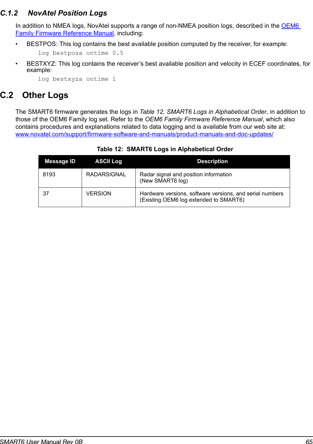 SMART6 User Manual Rev 0B 65C.1.2 NovAtel Position LogsIn addition to NMEA logs, NovAtel supports a range of non-NMEA position logs, described in the OEM6 Family Firmware Reference Manual, including:• BESTPOS: This log contains the best available position computed by the receiver, for example:log bestposa ontime 0.5• BESTXYZ: This log contains the receiver’s best available position and velocity in ECEF coordinates, for example:log bestxyza ontime 1C.2 Other LogsThe SMART6 firmware generates the logs in Table 12, SMART6 Logs in Alphabetical Order, in addition to those of the OEM6 Family log set. Refer to the OEM6 Family Firmware Reference Manual, which also contains procedures and explanations related to data logging and is available from our web site at: www.novatel.com/support/firmware-software-and-manuals/product-manuals-and-doc-updates/ Table 12:  SMART6 Logs in Alphabetical OrderMessage ID ASCII Log Description8193 RADARSIGNAL Radar signal and position information (New SMART6 log)37 VERSION Hardware versions, software versions, and serial numbers (Existing OEM6 log extended to SMART6)