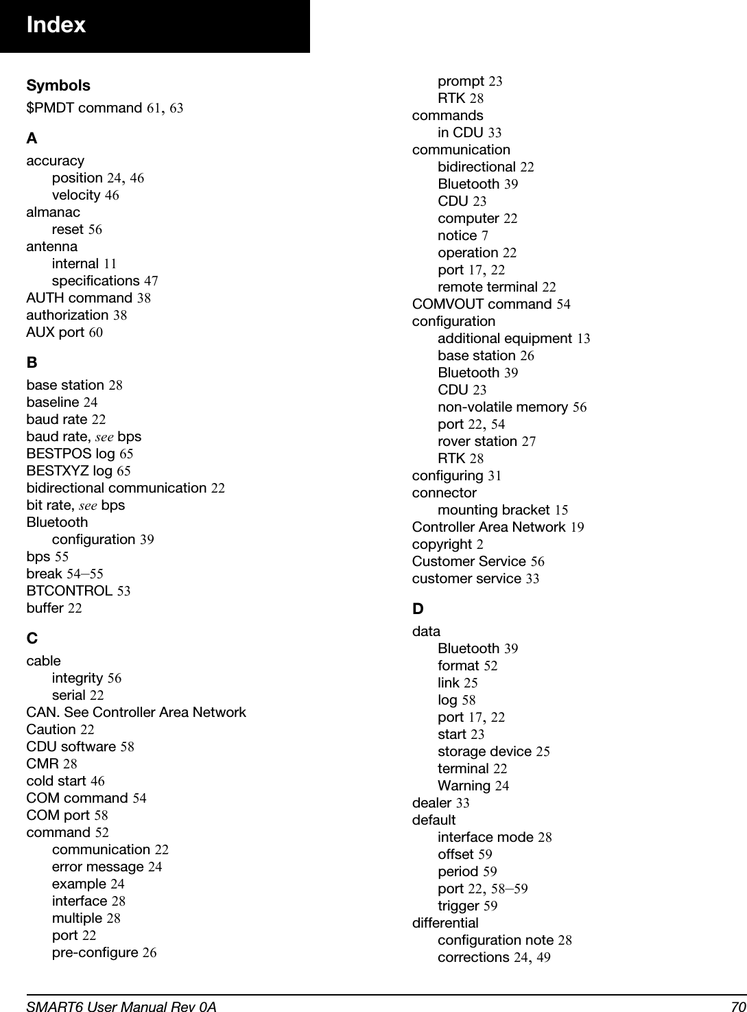 SMART6 User Manual Rev 0A 70IndexSymbols$PMDT command 61, 63Aaccuracyposition 24, 46velocity 46almanacreset 56antennainternal 11specifications 47AUTH command 38authorization 38AUX port 60Bbase station 28baseline 24baud rate 22baud rate, see bpsBESTPOS log 65BESTXYZ log 65bidirectional communication 22bit rate, see bpsBluetoothconfiguration 39bps 55break 54–55BTCONTROL 53buffer 22Ccableintegrity 56serial 22CAN. See Controller Area NetworkCaution 22CDU software 58CMR 28cold start 46COM command 54COM port 58command 52communication 22error message 24example 24interface 28multiple 28port 22pre-configure 26prompt 23RTK 28commandsin CDU 33communicationbidirectional 22Bluetooth 39CDU 23computer 22notice 7operation 22port 17, 22remote terminal 22COMVOUT command 54configurationadditional equipment 13base station 26Bluetooth 39CDU 23non-volatile memory 56port 22, 54rover station 27RTK 28configuring 31connectormounting bracket 15Controller Area Network 19copyright 2Customer Service 56customer service 33DdataBluetooth 39format 52link 25log 58port 17, 22start 23storage device 25terminal 22Warning 24dealer 33defaultinterface mode 28offset 59period 59port 22, 58–59trigger 59differentialconfiguration note 28corrections 24, 49