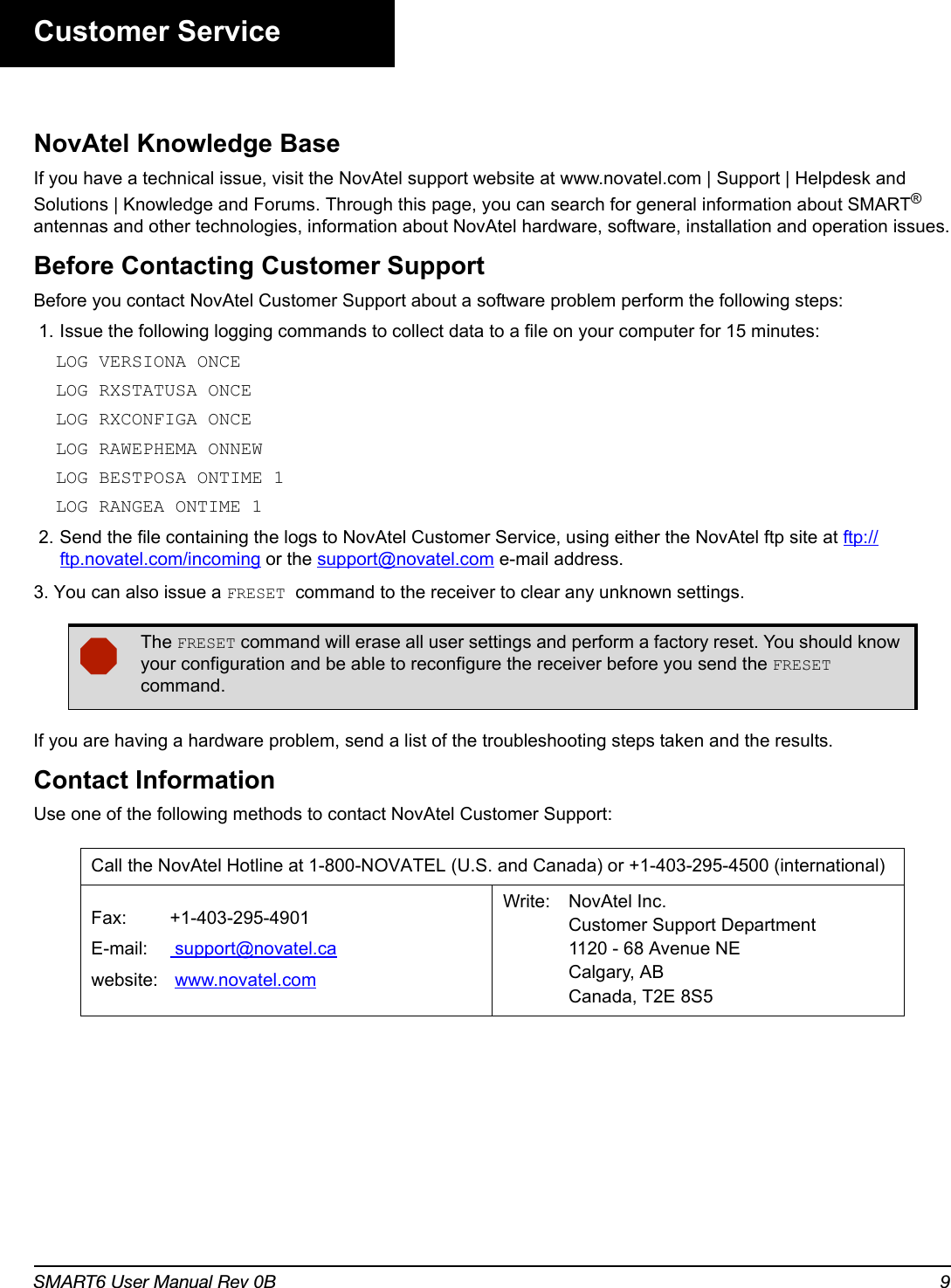 SMART6 User Manual Rev 0B 9Customer ServiceNovAtel Knowledge BaseIf you have a technical issue, visit the NovAtel support website at www.novatel.com | Support | Helpdesk and Solutions | Knowledge and Forums. Through this page, you can search for general information about SMART® antennas and other technologies, information about NovAtel hardware, software, installation and operation issues.Before Contacting Customer SupportBefore you contact NovAtel Customer Support about a software problem perform the following steps: 1. Issue the following logging commands to collect data to a file on your computer for 15 minutes:LOG VERSIONA ONCELOG RXSTATUSA ONCELOG RXCONFIGA ONCELOG RAWEPHEMA ONNEWLOG BESTPOSA ONTIME 1LOG RANGEA ONTIME 1 2. Send the file containing the logs to NovAtel Customer Service, using either the NovAtel ftp site at ftp://ftp.novatel.com/incoming or the support@novatel.com e-mail address.3. You can also issue a FRESET command to the receiver to clear any unknown settings.If you are having a hardware problem, send a list of the troubleshooting steps taken and the results.Contact InformationUse one of the following methods to contact NovAtel Customer Support:The FRESET command will erase all user settings and perform a factory reset. You should know your configuration and be able to reconfigure the receiver before you send the FRESET command.Call the NovAtel Hotline at 1-800-NOVATEL (U.S. and Canada) or +1-403-295-4500 (international)Fax: +1-403-295-4901E-mail:  support@novatel.cawebsite:  www.novatel.comWrite: NovAtel Inc.Customer Support Department1120 - 68 Avenue NECalgary, ABCanada, T2E 8S5