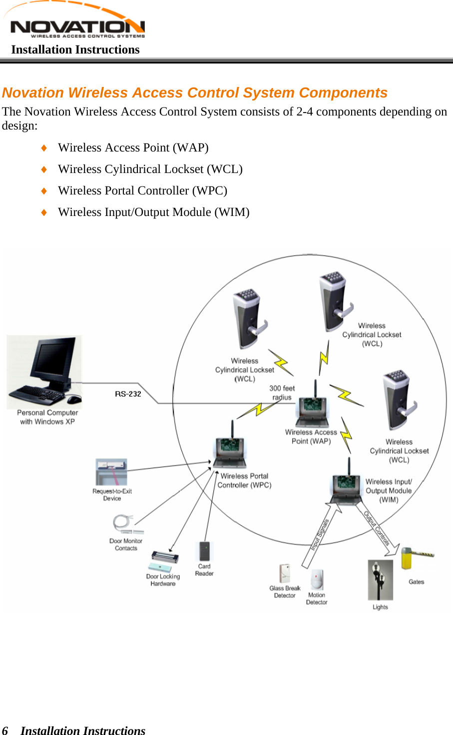    Installation Instructions  Installation Instructions 6  Novation Wireless Access Control System Components The Novation Wireless Access Control System consists of 2-4 components depending on design:  ♦ Wireless Access Point (WAP) ♦ Wireless Cylindrical Lockset (WCL) ♦ Wireless Portal Controller (WPC) ♦ Wireless Input/Output Module (WIM)     
