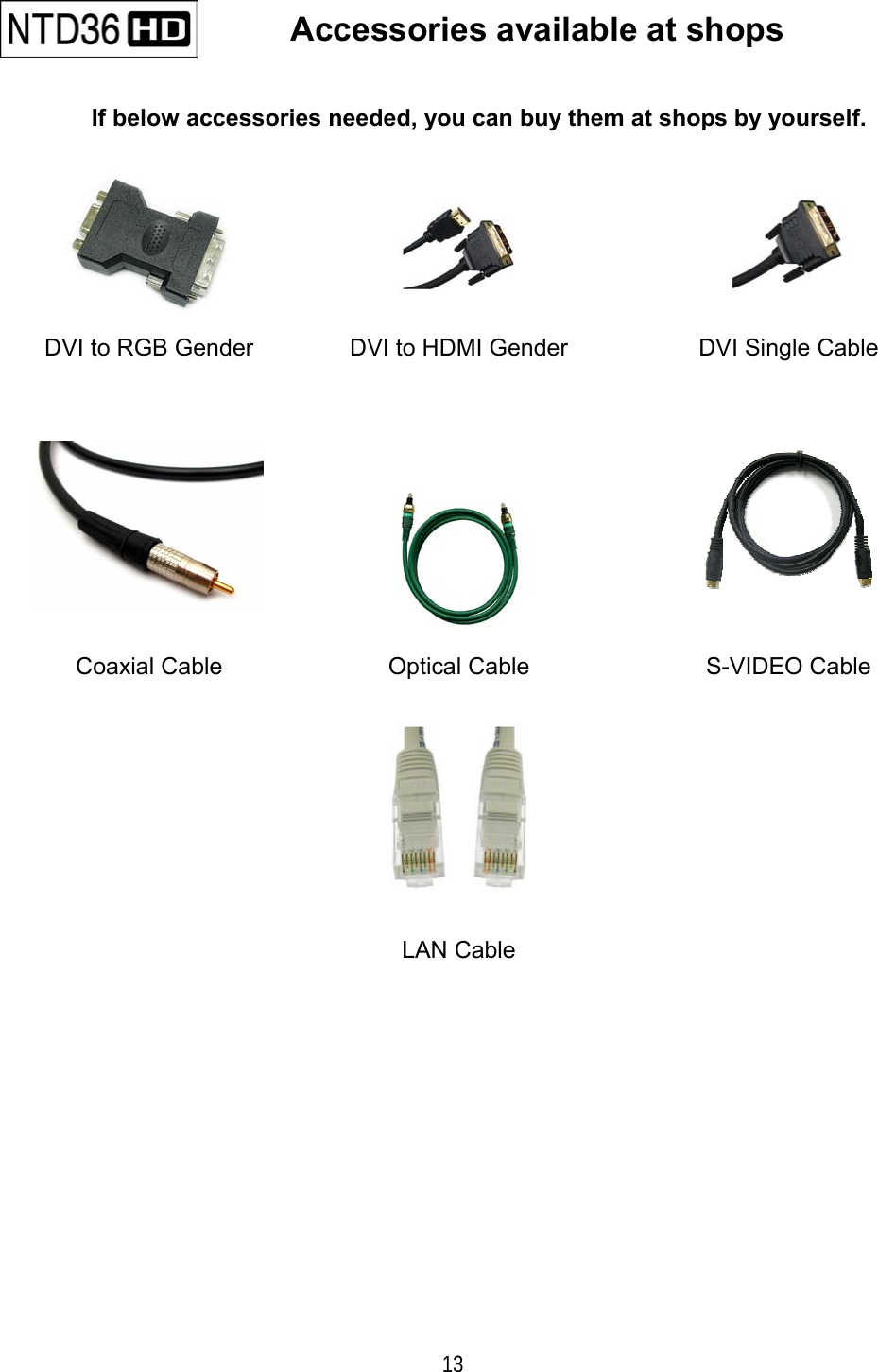  13     Accessories available at shops   If below accessories needed, you can buy them at shops by yourself.     DVI to RGB Gender  DVI to HDMI Gender  DVI Single Cable      Coaxial Cable  Optical Cable  S-VIDEO Cable      LAN Cable     