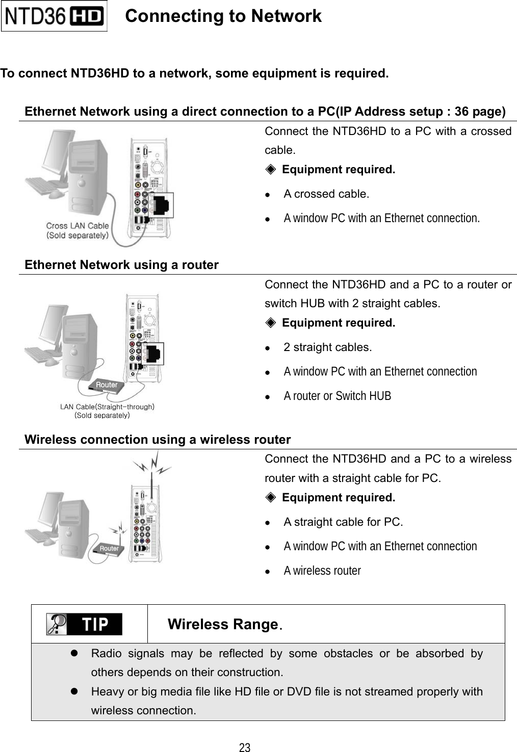   23  To connect NTD36HD to a network, some equipment is required.  Ethernet Network using a direct connection to a PC(IP Address setup : 36 page)  Connect the NTD36HD to a PC with a crossed cable. ◈ Equipment required. &bull;  A crossed cable. &bull;  A window PC with an Ethernet connection. Ethernet Network using a router  Connect the NTD36HD and a PC to a router or switch HUB with 2 straight cables. ◈ Equipment required. &bull;  2 straight cables. &bull;  A window PC with an Ethernet connection &bull;  A router or Switch HUB  Wireless connection using a wireless router  Connect the NTD36HD and a PC to a wireless router with a straight cable for PC. ◈ Equipment required. &bull;  A straight cable for PC. &bull;  A window PC with an Ethernet connection &bull;  A wireless router   Wireless Range.  Radio signals may be reflected by some obstacles or be absorbed by others depends on their construction.  Heavy or big media file like HD file or DVD file is not streamed properly with wireless connection.       Connecting to Network   