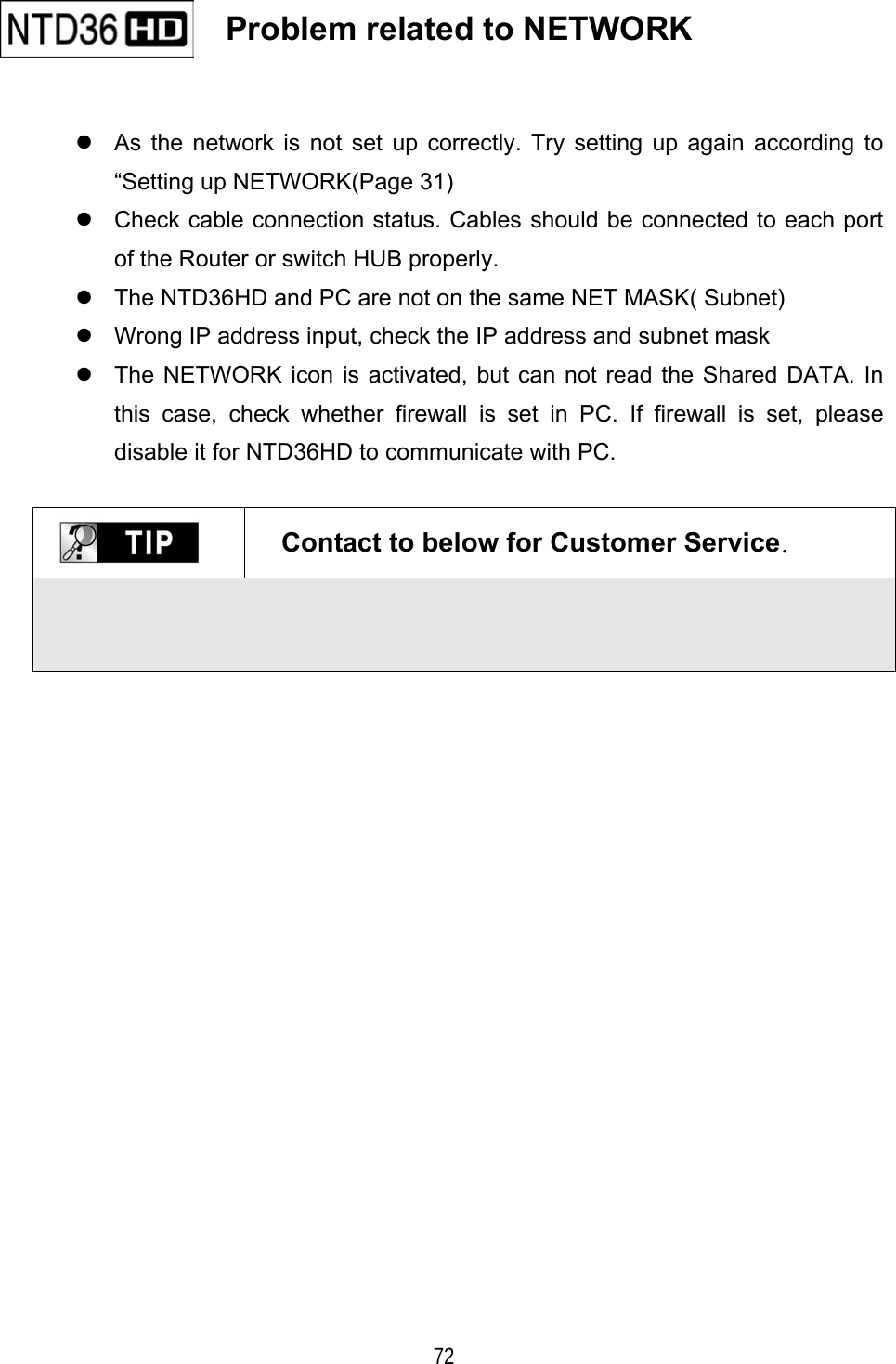    72   As the network is not set up correctly. Try setting up again according to &ldquo;Setting up NETWORK(Page 31)  Check cable connection status. Cables should be connected to each port of the Router or switch HUB properly.  The NTD36HD and PC are not on the same NET MASK( Subnet)  Wrong IP address input, check the IP address and subnet mask  The NETWORK icon is activated, but can not read the Shared DATA. In this case, check whether firewall is set in PC. If firewall is set, please disable it for NTD36HD to communicate with PC.   Contact to below for Customer Service.                    Problem related to NETWORK   