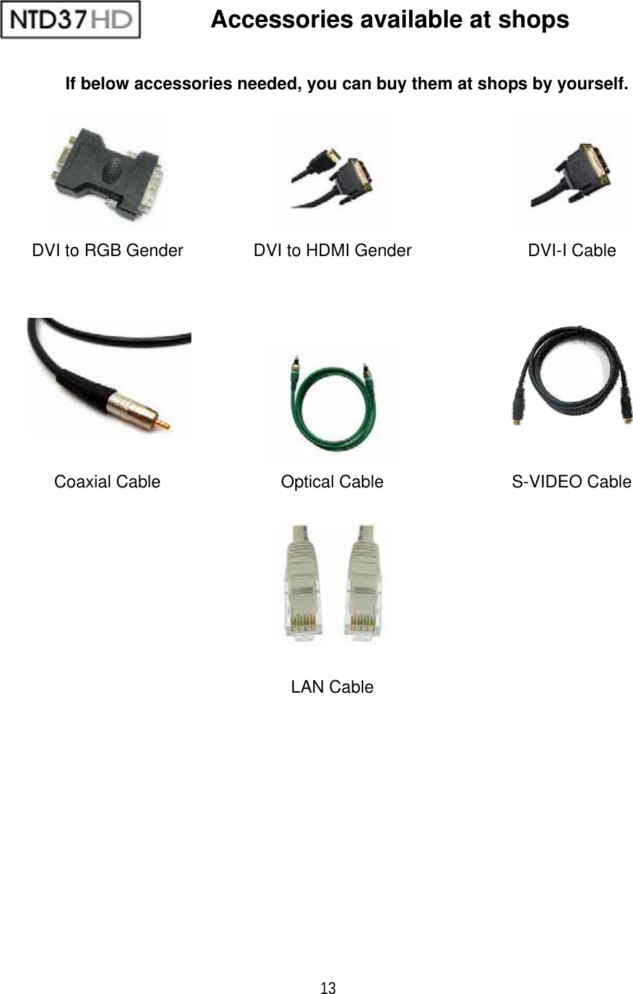 13Accessories available at shops If below accessories needed, you can buy them at shops by yourself.DVI to RGB Gender  DVI to HDMI Gender  DVI-I Cable Coaxial Cable  Optical Cable  S-VIDEO Cable LAN Cable 