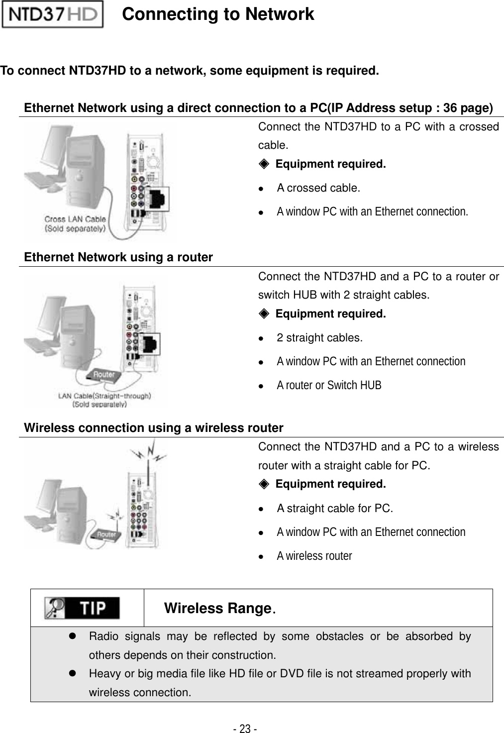 ٻ- 23 - To connect NTD37HD to a network, some equipment is required. Ethernet Network using a direct connection to a PC(IP Address setup : 36 page)GConnect the NTD37HD to a PC with a crossed cable.ඞ Equipment required. xA crossed cable. xA window PC with an Ethernet connection.GEthernet Network using a routerGConnect the NTD37HD and a PC to a router or switch HUB with 2 straight cables. ඞ Equipment required. x2 straight cables. xA window PC with an Ethernet connectionxA router or Switch HUBGWireless connection using a wireless routerConnect the NTD37HD and a PC to a wireless router with a straight cable for PC. ඞ Equipment required. xA straight cable for PC. xA window PC with an Ethernet connectionxA wireless routerWireless RangeUGz  Radio signals may be reflected by some obstacles or be absorbed by others depends on their construction. z  Heavy or big media file like HD file or DVD file is not streamed properly with wireless connection. Connecting to Network 