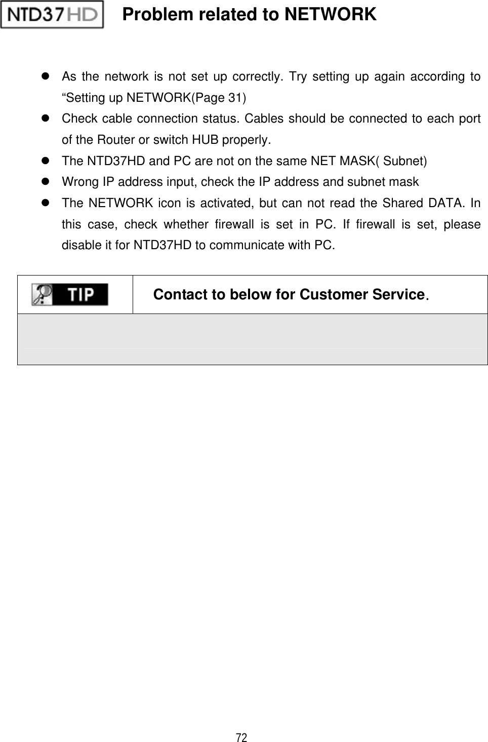 ٻ 72 z  As the network is not set up correctly. Try setting up again according to &ldquo;Setting up NETWORK(Page 31) z  Check cable connection status. Cables should be connected to each port of the Router or switch HUB properly. z  The NTD37HD and PC are not on the same NET MASK( Subnet) z  Wrong IP address input, check the IP address and subnet mask z  The NETWORK icon is activated, but can not read the Shared DATA. In this case, check whether firewall is set in PC. If firewall is set, please disable it for NTD37HD to communicate with PC. Contact to below for Customer ServiceUProblem related to NETWORK 