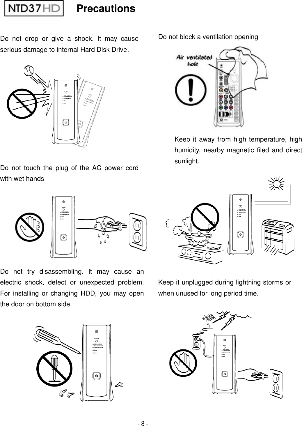 - 8 - GGGPrecautions Do not drop or give a shock. It may cause serious damage to internal Hard Disk DriveUKeep it away from high temperature, high humidity, nearby magnetic filed and direct sunlight.Do not block a ventilation opening Keep it unplugged during lightning storms or when unused for long period time. Do not try disassembling. It may cause an electric shock, defect or unexpected problem. For installing or changing HDD, you may open the door on bottom side. Do not touch the plug of the AC power cord with wet hands