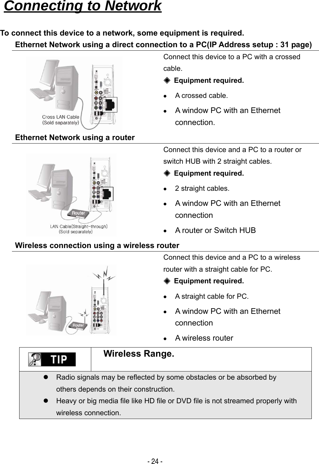   - 24 - To connect this device to a network, some equipment is required. Ethernet Network using a direct connection to a PC(IP Address setup : 31 page)    Connect this device to a PC with a crossed cable. ◈ Equipment required. &bull; A crossed cable. &bull; A window PC with an Ethernet connection. Ethernet Network using a router  Connect this device and a PC to a router or switch HUB with 2 straight cables. ◈ Equipment required. &bull; 2 straight cables. &bull; A window PC with an Ethernet connection &bull; A router or Switch HUB Wireless connection using a wireless router   Connect this device and a PC to a wireless router with a straight cable for PC. ◈ Equipment required. &bull; A straight cable for PC. &bull; A window PC with an Ethernet connection &bull; A wireless router Wireless Range. z  Radio signals may be reflected by some obstacles or be absorbed by others depends on their construction. z  Heavy or big media file like HD file or DVD file is not streamed properly with wireless connection.     Connecting to Network   
