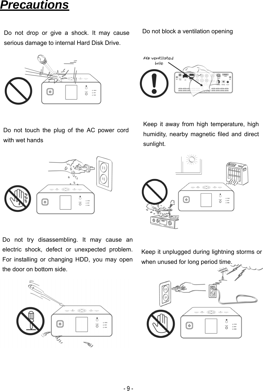  - 9 - Precautions                                     Do not drop or give a shock. It may cause serious damage to internal Hard Disk Drive. Keep it away from high temperature, high humidity, nearby magnetic filed and direct sunlight. Do not block a ventilation opening Keep it unplugged during lightning storms or when unused for long period time. Do not try disassembling. It may cause an electric shock, defect or unexpected problem. For installing or changing HDD, you may open the door on bottom side. Do not touch the plug of the AC power cord with wet hands 