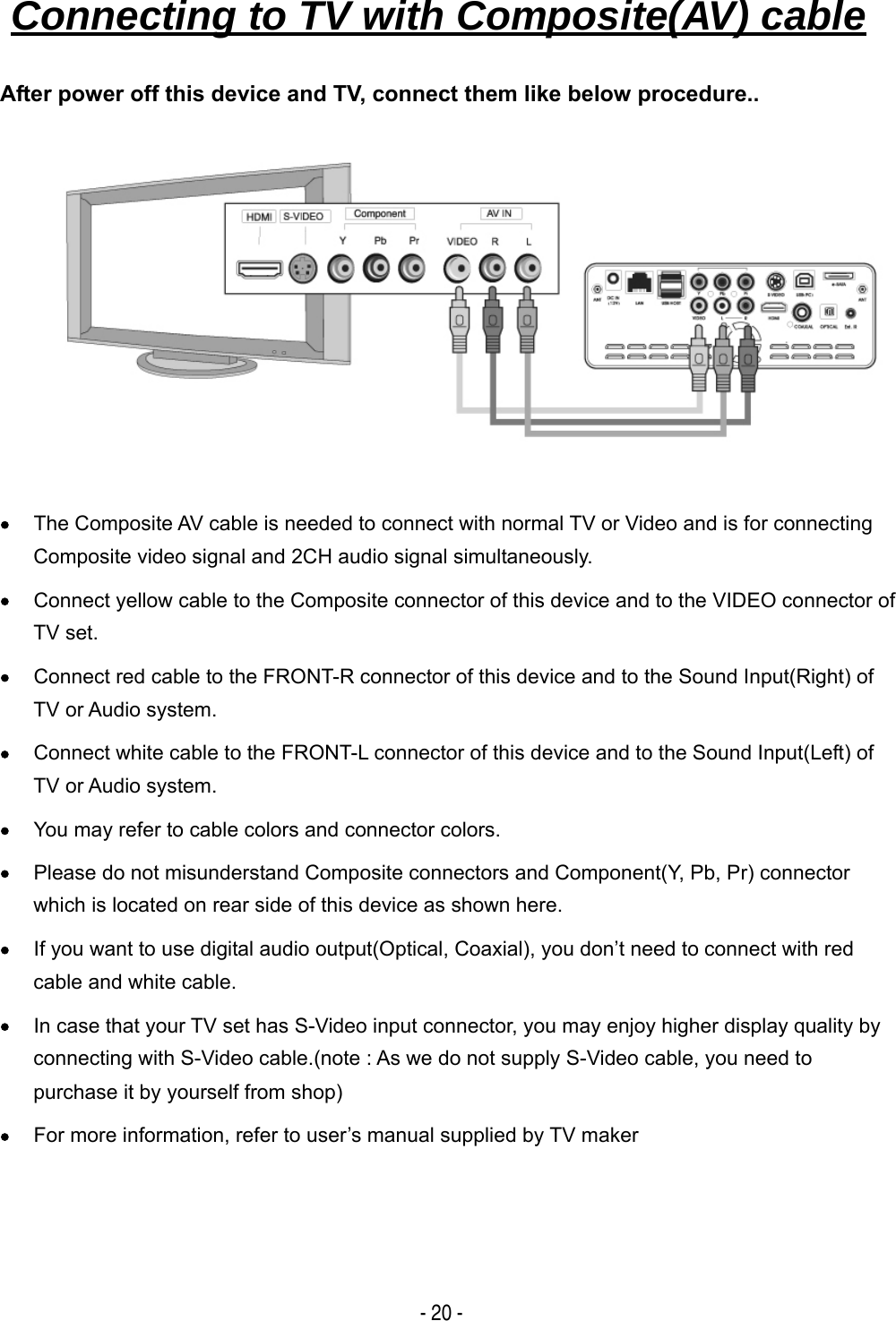   - 20 - After power off this device and TV, connect them like below procedure..         &bull; The Composite AV cable is needed to connect with normal TV or Video and is for connecting Composite video signal and 2CH audio signal simultaneously. &bull; Connect yellow cable to the Composite connector of this device and to the VIDEO connector of TV set. &bull; Connect red cable to the FRONT-R connector of this device and to the Sound Input(Right) of TV or Audio system. &bull; Connect white cable to the FRONT-L connector of this device and to the Sound Input(Left) of TV or Audio system. &bull; You may refer to cable colors and connector colors. &bull; Please do not misunderstand Composite connectors and Component(Y, Pb, Pr) connector which is located on rear side of this device as shown here. &bull; If you want to use digital audio output(Optical, Coaxial), you don&rsquo;t need to connect with red cable and white cable. &bull; In case that your TV set has S-Video input connector, you may enjoy higher display quality by connecting with S-Video cable.(note : As we do not supply S-Video cable, you need to purchase it by yourself from shop) &bull; For more information, refer to user&rsquo;s manual supplied by TV maker Connecting to TV with Composite(AV) cable   
