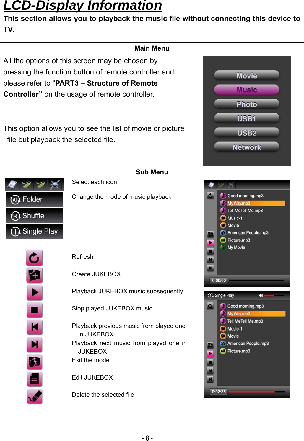  - 8 - LCD-Display Information This section allows you to playback the music file without connecting this device to TV.    Main Menu All the options of this screen may be chosen by pressing the function button of remote controller and please refer to &ldquo;PART3 &ndash; Structure of Remote Controller&rdquo; on the usage of remote controller.    This option allows you to see the list of movie or picture file but playback the selected file. Sub Menu               Select each icon    Change the mode of music playback        Refresh   Create JUKEBOX  Playback JUKEBOX music subsequently  Stop played JUKEBOX music    Playback previous music from played one In JUKEBOX Playback next music from played one in JUKEBOX Exit the mode    Edit JUKEBOX    Delete the selected file     