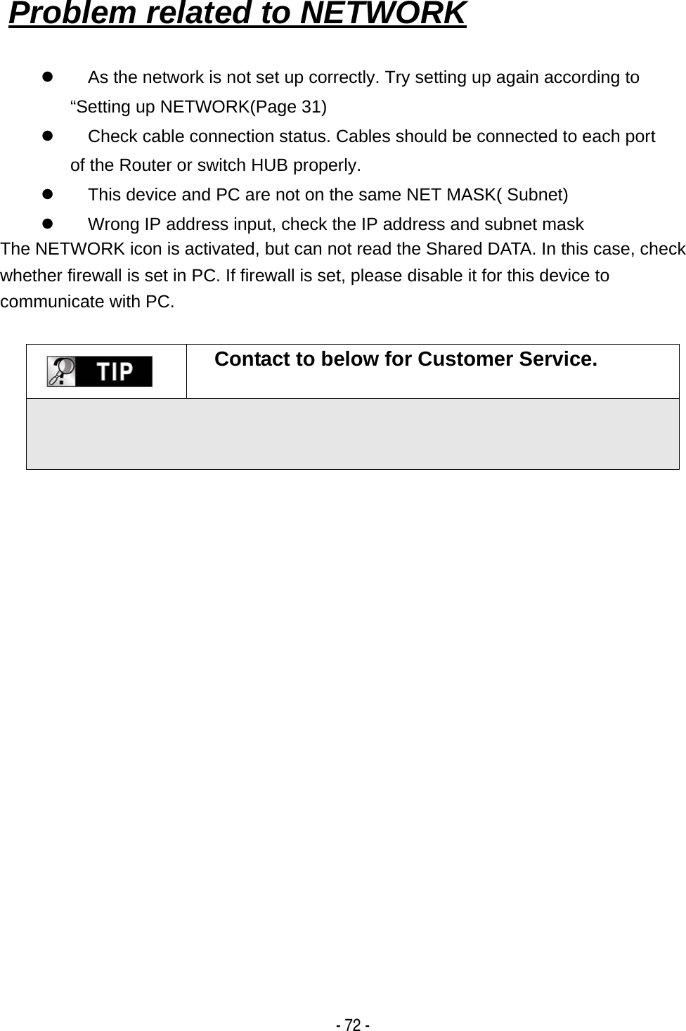    - 72 -z  As the network is not set up correctly. Try setting up again according to &ldquo;Setting up NETWORK(Page 31) z  Check cable connection status. Cables should be connected to each port of the Router or switch HUB properly. z  This device and PC are not on the same NET MASK( Subnet) z  Wrong IP address input, check the IP address and subnet mask The NETWORK icon is activated, but can not read the Shared DATA. In this case, check whether firewall is set in PC. If firewall is set, please disable it for this device to communicate with PC.   Contact to below for Customer Service.                   Problem related to NETWORK   