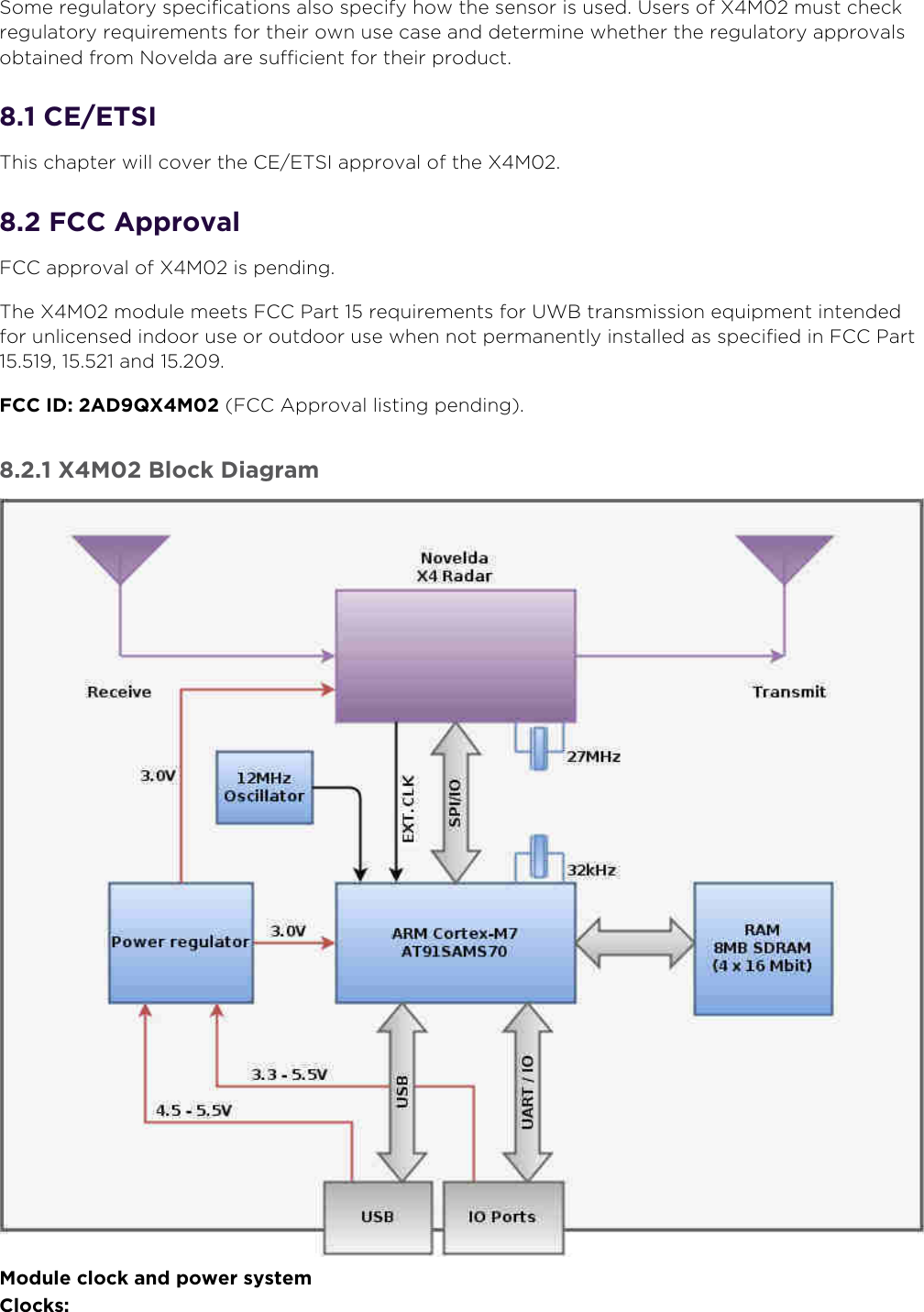 8oveld” ASwww.xethru.comCo(yright ©  8oveld” AS A Prelimin”ry - X7 D”t”sheetP”ge Some regul”tory s(ecific”tions ”lso s(ecify how the sensor is used. Users of X7 must check regul”tory re)uirements for their own use c”se ”nd determine whether the regul”tory ”((rov”ls obt”ined from 8oveld” ”re sufficient for their (roduct.. C0/0TSIThis ch”(ter will cover the C0/0TSI ”((rov”l of the X7.. 1CC A((roval1CC ”((rov”l of X7 is (ending.The X7 module meets 1CC P”rt  re)uirements for UWB tr”nsmission e)ui(ment intended for unlicensed indoor use or outdoor use when not (erm”nently inst”lled ”s s(ecified in 1CC P”rt ., . ”nd ..1CC ID: ADQX7 1CC A((rov”l listing (ending... X7 Block Diagram 7odule clock and (ower systemClocks: