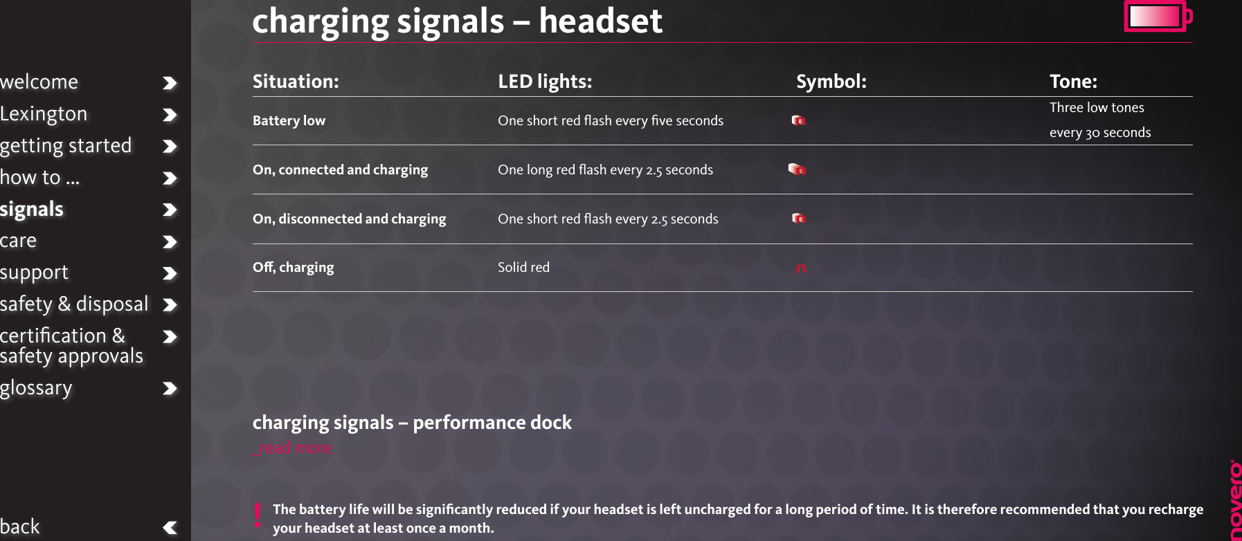 charging signals – headsetSituation: Battery low On, connected and chargingOn, disconnected and chargingO, chargingLED lights:One short red ﬂash every ﬁve seconds One long red ﬂash every 2.5 secondsOne short red ﬂash every 2.5 secondsSolid redSymbol: Tone:Three low tones  every 30 secondsThe battery life will be signiﬁcantly reduced if your headset is left uncharged for a long period of time. It is therefore recommended that you recharge your headset at least once a month.!welcomeLexingtongetting startedhow to ...signalscaresupportsafety &amp; disposalcertiﬁcation &amp;  safety approvalsglossarybackcharging signals – performance dock_read more