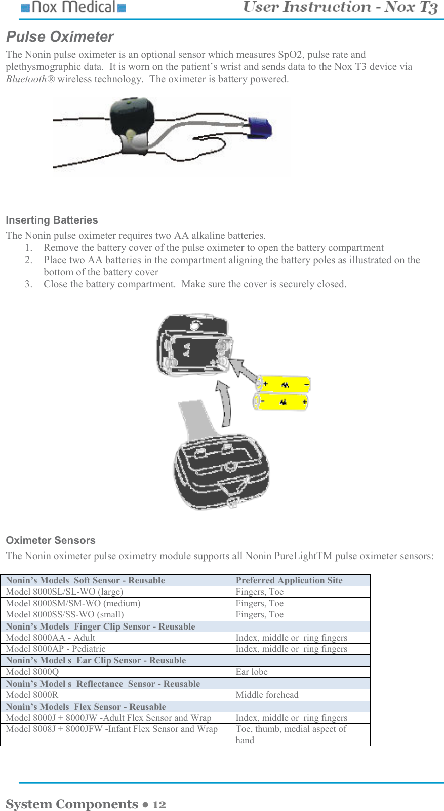    System Components ● 12 Pulse Oximeter The Nonin pulse oximeter is an optional sensor which measures SpO2, pulse rate and plethysmographic data.  It is worn on the patient’s wrist and sends data to the Nox T3 device via Bluetooth® wireless technology.  The oximeter is battery powered.                        Inserting Batteries The Nonin pulse oximeter requires two AA alkaline batteries. 1. Remove the battery cover of the pulse oximeter to open the battery compartment  2. Place two AA batteries in the compartment aligning the battery poles as illustrated on the bottom of the battery cover 3. Close the battery compartment.  Make sure the cover is securely closed.    Oximeter Sensors The Nonin oximeter pulse oximetry module supports all Nonin PureLightTM pulse oximeter sensors:    Nonin’s Models  Soft Sensor - Reusable   Preferred Application Site Model 8000SL/SL-WO (large)  Fingers, Toe Model 8000SM/SM-WO (medium)  Fingers, Toe Model 8000SS/SS-WO (small)  Fingers, Toe Nonin’s Models  Finger Clip Sensor - Reusable  Model 8000AA - Adult  Index, middle or  ring fingers Model 8000AP - Pediatric  Index, middle or  ring fingers Nonin’s Model s  Ear Clip Sensor - Reusable  Model 8000Q  Ear lobe Nonin’s Model s  Reflectance  Sensor - Reusable  Model 8000R  Middle forehead Nonin’s Models  Flex Sensor - Reusable  Model 8000J + 8000JW -Adult Flex Sensor and Wrap Index, middle or  ring fingers Model 8008J + 8000JFW -Infant Flex Sensor and Wrap Toe, thumb, medial aspect of hand  