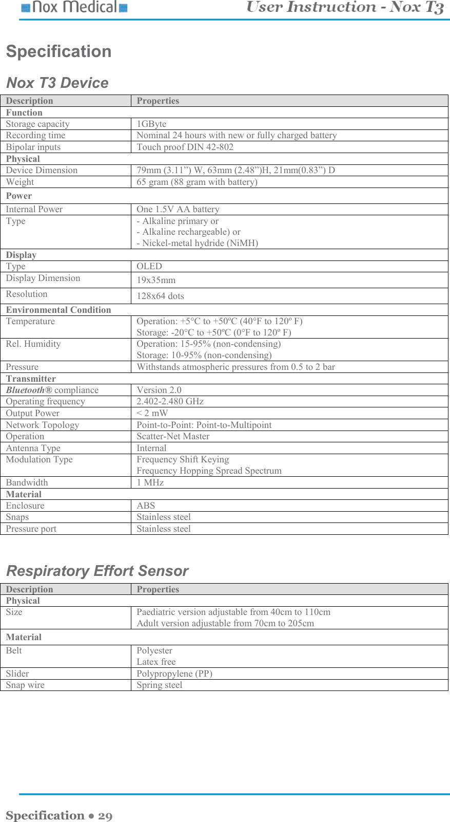    Specification ● 29 Specification  Nox T3 Device Description  Properties Function Storage capacity  1GByte Recording time  Nominal 24 hours with new or fully charged battery Bipolar inputs  Touch proof DIN 42-802 Physical Device Dimension   79mm (3.11”) W, 63mm (2.48”)H, 21mm(0.83”) D Weight  65 gram (88 gram with battery) Power Internal Power  One 1.5V AA battery  Type  - Alkaline primary or - Alkaline rechargeable) or  - Nickel-metal hydride (NiMH) Display Type  OLED Display Dimension  19x35mm Resolution  128x64 dots Environmental Condition Temperature  Operation: +5°C to +50ºC (40°F to 120º F) Storage: -20°C to +50ºC (0°F to 120º F) Rel. Humidity  Operation: 15-95% (non-condensing) Storage: 10-95% (non-condensing) Pressure  Withstands atmospheric pressures from 0.5 to 2 bar Transmitter  Bluetooth® compliance  Version 2.0 Operating frequency  2.402-2.480 GHz Output Power  &lt; 2 mW  Network Topology  Point-to-Point: Point-to-Multipoint Operation  Scatter-Net Master Antenna Type  Internal Modulation Type  Frequency Shift Keying Frequency Hopping Spread Spectrum Bandwidth  1 MHz Material  Enclosure  ABS Snaps  Stainless steel Pressure port  Stainless steel  Respiratory Effort Sensor Description  Properties Physical Size  Paediatric version adjustable from 40cm to 110cm Adult version adjustable from 70cm to 205cm Material  Belt  Polyester Latex free Slider  Polypropylene (PP) Snap wire  Spring steel  