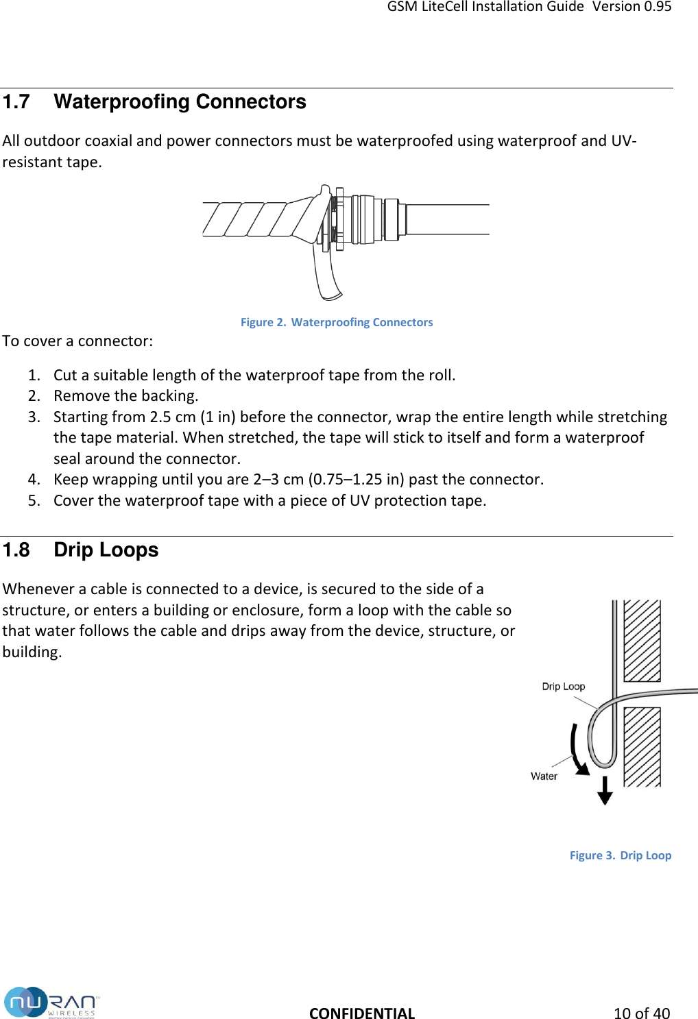 GSM LiteCell Installation Guide  Version 0.95   CONFIDENTIAL 10 of 40 1.7  Waterproofing Connectors All outdoor coaxial and power connectors must be waterproofed using waterproof and UV-resistant tape.   Figure 2. Waterproofing Connectors To cover a connector: 1. Cut a suitable length of the waterproof tape from the roll. 2. Remove the backing. 3. Starting from 2.5 cm (1 in) before the connector, wrap the entire length while stretching the tape material. When stretched, the tape will stick to itself and form a waterproof seal around the connector. 4. Keep wrapping until you are 2&ndash;3 cm (0.75&ndash;1.25 in) past the connector. 5. Cover the waterproof tape with a piece of UV protection tape. 1.8  Drip Loops Whenever a cable is connected to a device, is secured to the side of a structure, or enters a building or enclosure, form a loop with the cable so that water follows the cable and drips away from the device, structure, or building.        Figure 3. Drip Loop   