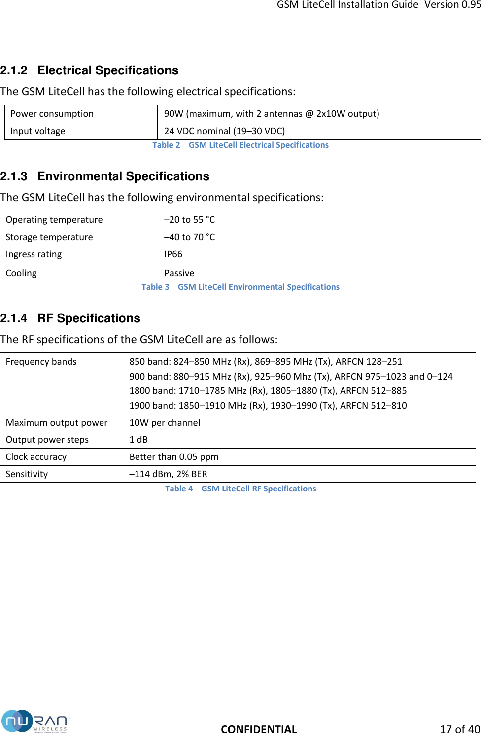 GSM LiteCell Installation Guide  Version 0.95   CONFIDENTIAL 17 of 40 2.1.2  Electrical Specifications The GSM LiteCell has the following electrical specifications: Power consumption 90W (maximum, with 2 antennas @ 2x10W output) Input voltage 24 VDC nominal (19&ndash;30 VDC)   Table 2  GSM LiteCell Electrical Specifications 2.1.3  Environmental Specifications The GSM LiteCell has the following environmental specifications: Operating temperature &ndash;20 to 55 &deg;C Storage temperature &ndash;40 to 70 &deg;C Ingress rating IP66 Cooling Passive Table 3  GSM LiteCell Environmental Specifications 2.1.4  RF Specifications The RF specifications of the GSM LiteCell are as follows: Frequency bands 850 band: 824&ndash;850 MHz (Rx), 869&ndash;895 MHz (Tx), ARFCN 128&ndash;251 900 band: 880&ndash;915 MHz (Rx), 925&ndash;960 Mhz (Tx), ARFCN 975&ndash;1023 and 0&ndash;124 1800 band: 1710&ndash;1785 MHz (Rx), 1805&ndash;1880 (Tx), ARFCN 512&ndash;885 1900 band: 1850&ndash;1910 MHz (Rx), 1930&ndash;1990 (Tx), ARFCN 512&ndash;810 Maximum output power 10W per channel Output power steps 1 dB Clock accuracy Better than 0.05 ppm Sensitivity &ndash;114 dBm, 2% BER Table 4  GSM LiteCell RF Specifications   