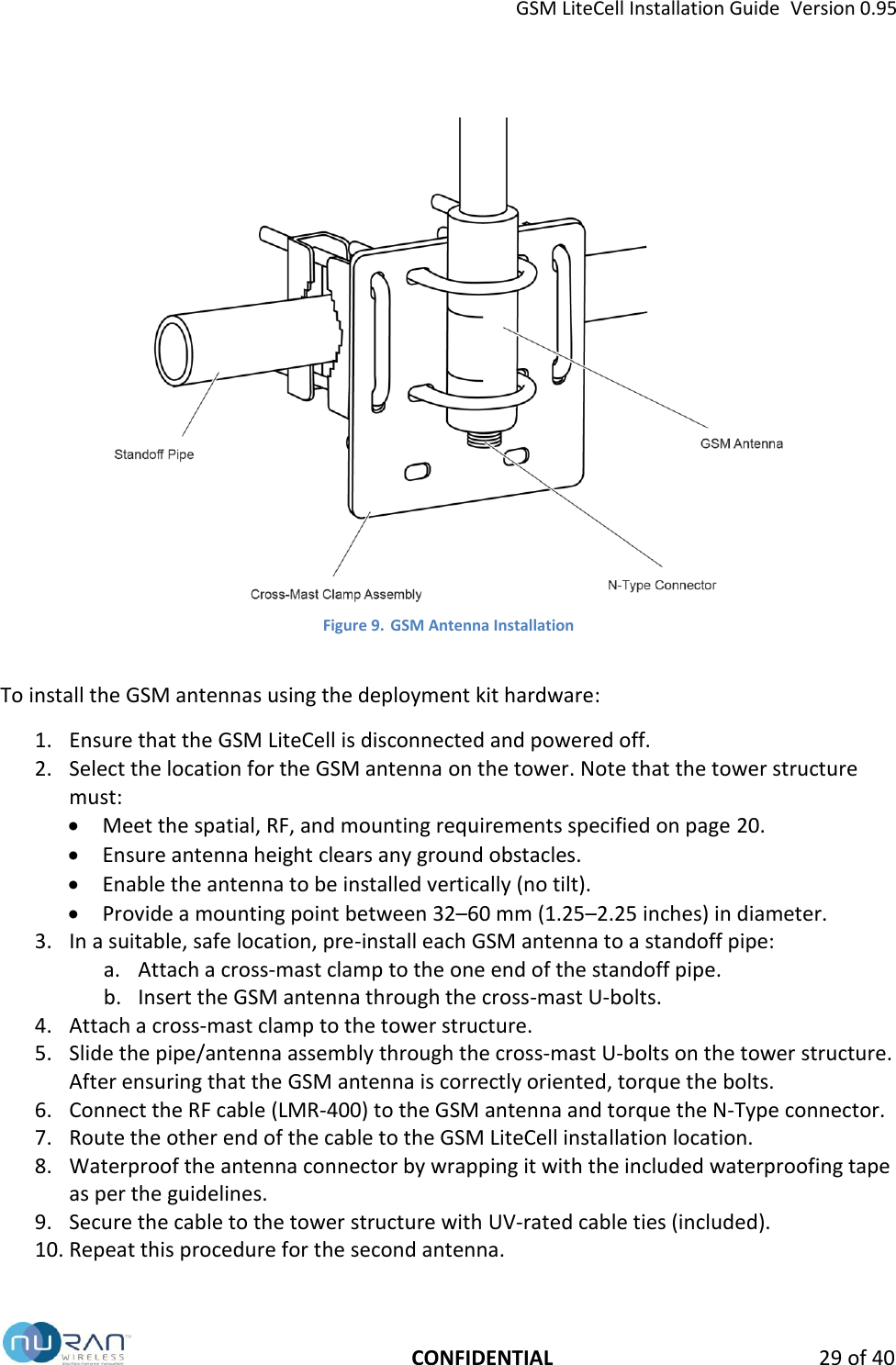 GSM LiteCell Installation Guide  Version 0.95   CONFIDENTIAL 29 of 40  Figure 9. GSM Antenna Installation  To install the GSM antennas using the deployment kit hardware: 1. Ensure that the GSM LiteCell is disconnected and powered off.  2. Select the location for the GSM antenna on the tower. Note that the tower structure must:  Meet the spatial, RF, and mounting requirements specified on page 20.  Ensure antenna height clears any ground obstacles.  Enable the antenna to be installed vertically (no tilt).   Provide a mounting point between 32&ndash;60 mm (1.25&ndash;2.25 inches) in diameter. 3. In a suitable, safe location, pre-install each GSM antenna to a standoff pipe: a. Attach a cross-mast clamp to the one end of the standoff pipe.  b. Insert the GSM antenna through the cross-mast U-bolts.  4. Attach a cross-mast clamp to the tower structure.  5. Slide the pipe/antenna assembly through the cross-mast U-bolts on the tower structure. After ensuring that the GSM antenna is correctly oriented, torque the bolts. 6. Connect the RF cable (LMR-400) to the GSM antenna and torque the N-Type connector. 7. Route the other end of the cable to the GSM LiteCell installation location. 8. Waterproof the antenna connector by wrapping it with the included waterproofing tape as per the guidelines. 9. Secure the cable to the tower structure with UV-rated cable ties (included).  10. Repeat this procedure for the second antenna. 