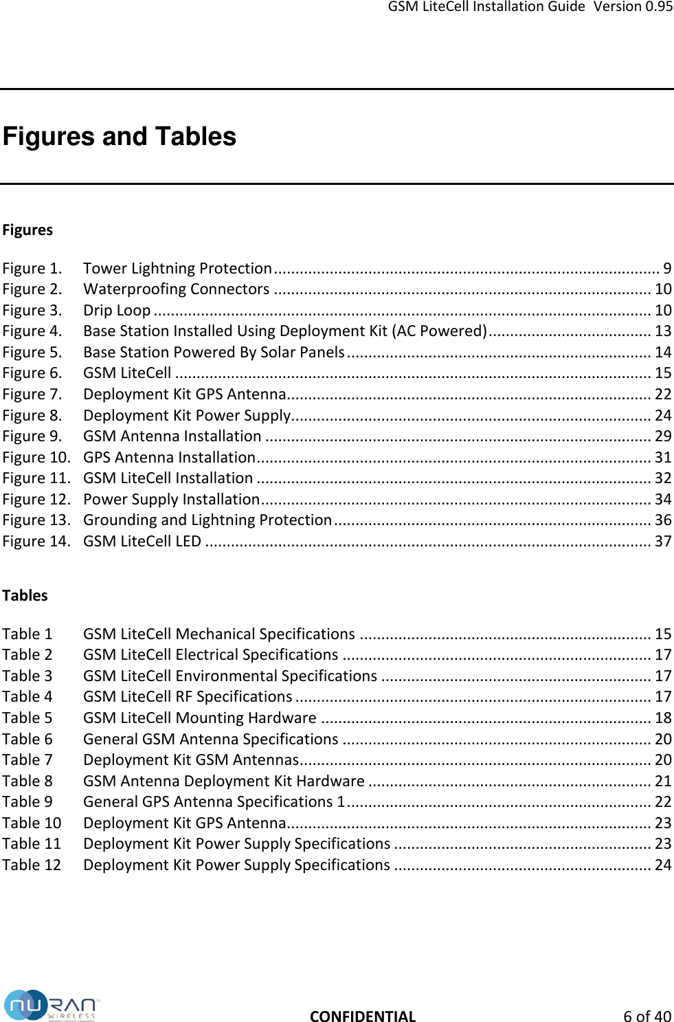 GSM LiteCell Installation Guide  Version 0.95   CONFIDENTIAL  6 of 40 Figures and Tables Figures Figure 1. Tower Lightning Protection .......................................................................................... 9 Figure 2. Waterproofing Connectors ........................................................................................ 10 Figure 3. Drip Loop .................................................................................................................... 10 Figure 4. Base Station Installed Using Deployment Kit (AC Powered) ...................................... 13 Figure 5. Base Station Powered By Solar Panels ....................................................................... 14 Figure 6. GSM LiteCell ............................................................................................................... 15 Figure 7. Deployment Kit GPS Antenna..................................................................................... 22 Figure 8. Deployment Kit Power Supply.................................................................................... 24 Figure 9. GSM Antenna Installation .......................................................................................... 29 Figure 10. GPS Antenna Installation ............................................................................................ 31 Figure 11. GSM LiteCell Installation ............................................................................................ 32 Figure 12. Power Supply Installation ........................................................................................... 34 Figure 13. Grounding and Lightning Protection .......................................................................... 36 Figure 14. GSM LiteCell LED ........................................................................................................ 37  Tables Table 1 GSM LiteCell Mechanical Specifications .................................................................... 15 Table 2 GSM LiteCell Electrical Specifications ........................................................................ 17 Table 3 GSM LiteCell Environmental Specifications ............................................................... 17 Table 4 GSM LiteCell RF Specifications ................................................................................... 17 Table 5 GSM LiteCell Mounting Hardware ............................................................................. 18 Table 6 General GSM Antenna Specifications ........................................................................ 20 Table 7 Deployment Kit GSM Antennas .................................................................................. 20 Table 8 GSM Antenna Deployment Kit Hardware .................................................................. 21 Table 9 General GPS Antenna Specifications 1 ....................................................................... 22 Table 10 Deployment Kit GPS Antenna..................................................................................... 23 Table 11 Deployment Kit Power Supply Specifications ............................................................ 23 Table 12 Deployment Kit Power Supply Specifications ............................................................ 24  