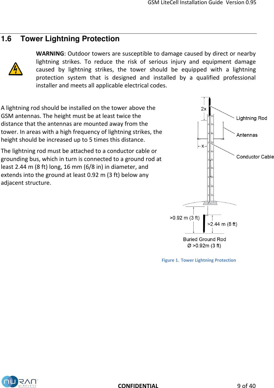 GSM LiteCell Installation Guide  Version 0.95   CONFIDENTIAL  9 of 40 1.6  Tower Lightning Protection  WARNING: Outdoor towers are susceptible to damage caused by direct or nearby lightning  strikes.  To  reduce  the  risk  of  serious  injury  and  equipment  damage caused  by  lightning  strikes,  the  tower  should  be  equipped  with  a  lightning protection  system  that  is  designed  and  installed  by  a  qualified  professional installer and meets all applicable electrical codes.   A lightning rod should be installed on the tower above the GSM antennas. The height must be at least twice the distance that the antennas are mounted away from the tower. In areas with a high frequency of lightning strikes, the height should be increased up to 5 times this distance.  The lightning rod must be attached to a conductor cable or grounding bus, which in turn is connected to a ground rod at least 2.44 m (8 ft) long, 16 mm (6/8 in) in diameter, and extends into the ground at least 0.92 m (3 ft) below any adjacent structure.       Figure 1. Tower Lightning Protection    