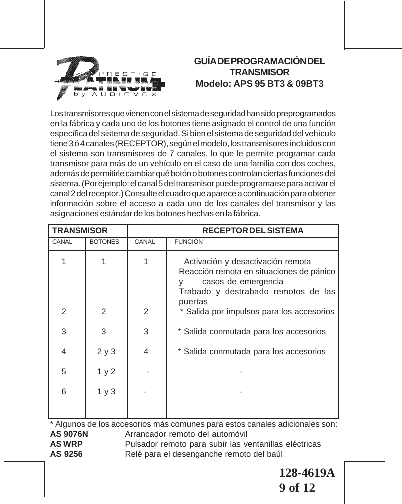 128-4619A9 of 12TRANSMISOR RECEPTOR DEL SISTEMACANAL BOTONES      CANAL       FUNCIÓN    1      1        1        Activación y desactivación remotaReacción remota en situaciones de pánicoy casos de emergenciaTrabado y destrabado remotos de laspuertas    2      2        2       * Salida por impulsos para los accesorios    3      3        3      * Salida conmutada para los accesorios    4    2 y 3        4      * Salida conmutada para los accesorios    5    1 y 2         - -    6    1 y 3        - -GUÍA DE PROGRAMACIÓN DELTRANSMISORModelo: APS 95 BT3 &amp; 09BT3Los transmisores que vienen con el sistema de seguridad han sido preprogramadosen la fábrica y cada uno de los botones tiene asignado el control de una funciónespecífica del sistema de seguridad. Si bien el sistema de seguridad del vehículotiene 3 ó 4 canales (RECEPTOR), según el modelo, los transmisores incluidos conel sistema son transmisores de 7 canales, lo que le permite programar cadatransmisor para más de un vehículo en el caso de una familia con dos coches,además de permitirle cambiar qué botón o botones controlan ciertas funciones delsistema. (Por ejemplo: el canal 5 del transmisor puede programarse para activar elcanal 2 del receptor.) Consulte el cuadro que aparece a continuación para obtenerinformación sobre el acceso a cada uno de los canales del transmisor y lasasignaciones estándar de los botones hechas en la fábrica.* Algunos de los accesorios más comunes para estos canales adicionales son:AS 9076N Arrancador remoto del automóvilAS WRP Pulsador remoto para subir las ventanillas eléctricasAS 9256 Relé para el desenganche remoto del baúl