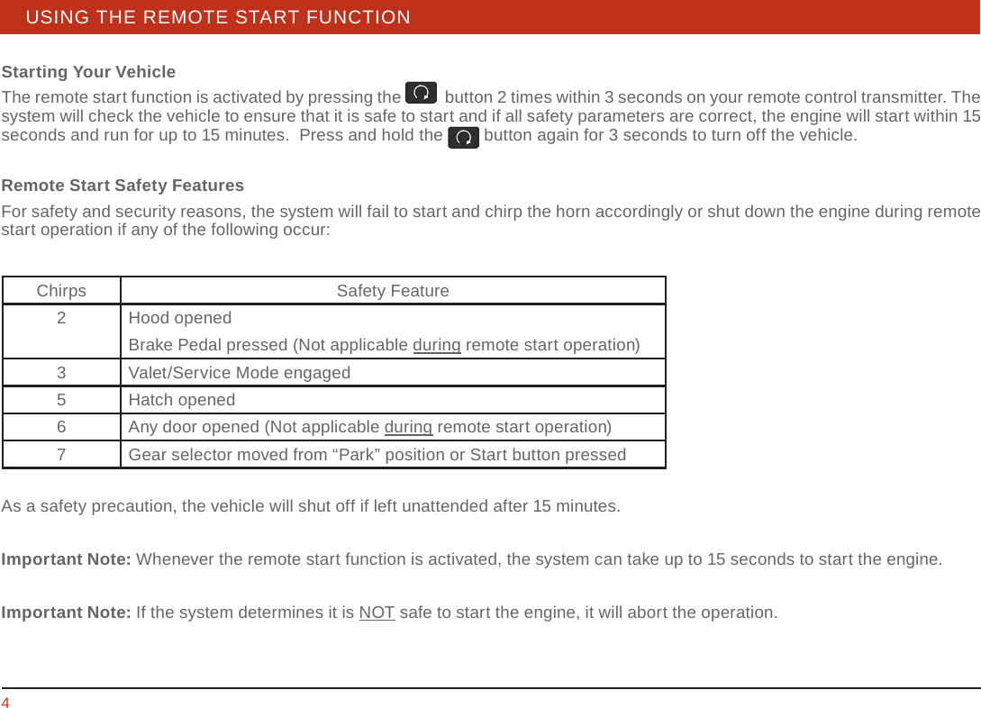 4STEERING WHEEL / STALK / PANEL USING THE REMOTE START FUNCTIONStarting Your VehicleThe remote start function is activated by pressing the    button 2 times within 3 seconds on your remote control transmitter. The system will check the vehicle to ensure that it is safe to start and if all safety parameters are correct, the engine will start within 15 seconds and run for up to 15 minutes.  Press and hold the   button again for 3 seconds to turn off the vehicle.Remote Start Safety FeaturesFor safety and security reasons, the system will fail to start and chirp the horn accordingly or shut down the engine during remote start operation if any of the following occur:Chirps Safety Feature2Hood opened Brake Pedal pressed (Not applicable during remote start operation)3Valet/Service Mode engaged5 Hatch opened6Any door opened (Not applicable during remote start operation)7 Gear selector moved from “Park” position or Start button pressedAs a safety precaution, the vehicle will shut off if left unattended after 15 minutes.Important Note: Whenever the remote start function is activated, the system can take up to 15 seconds to start the engine.Important Note: If the system determines it is NOT safe to start the engine, it will abort the operation.