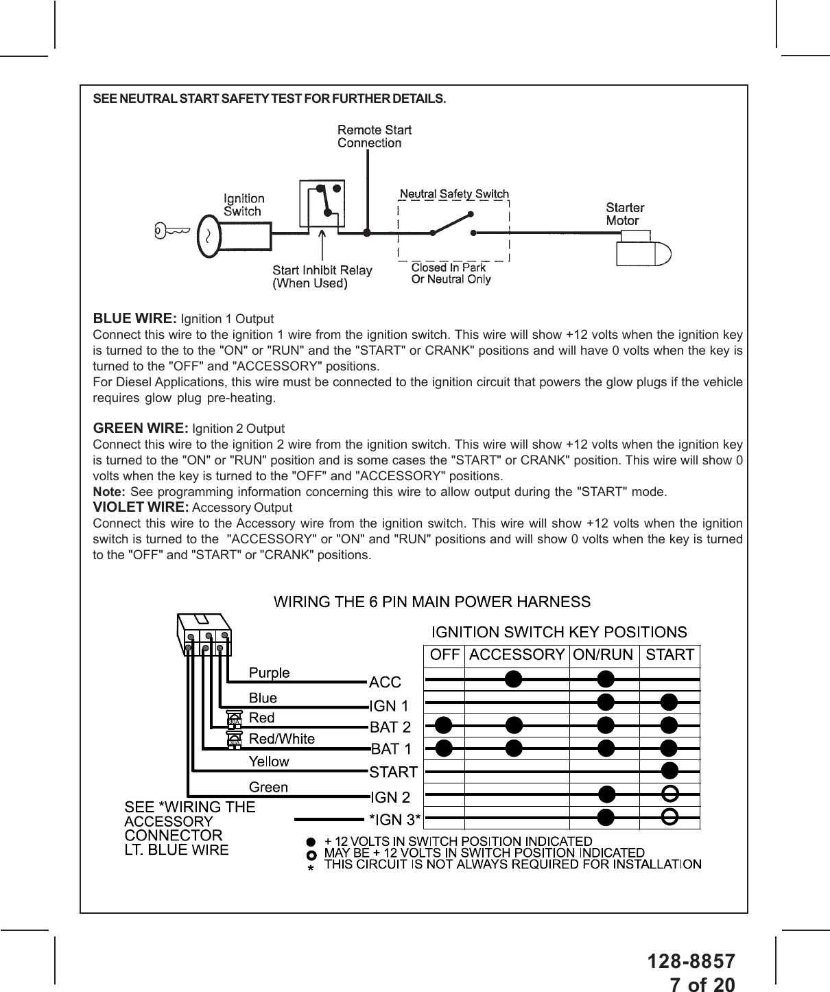 128-88577 of 20SEE NEUTRAL START SAFETY TEST FOR FURTHER DETAILS.BLUE WIRE: Ignition 1 OutputConnect this wire to the ignition 1 wire from the ignition switch. This wire will show +12 volts when the ignition keyis turned to the to the &quot;ON&quot; or &quot;RUN&quot; and the &quot;START&quot; or CRANK&quot; positions and will have 0 volts when the key isturned to the &quot;OFF&quot; and &quot;ACCESSORY&quot; positions.For Diesel Applications, this wire must be connected to the ignition circuit that powers the glow plugs if the vehiclerequires glow plug pre-heating.GREEN WIRE: Ignition 2 OutputConnect this wire to the ignition 2 wire from the ignition switch. This wire will show +12 volts when the ignition keyis turned to the &quot;ON&quot; or &quot;RUN&quot; position and is some cases the &quot;START&quot; or CRANK&quot; position. This wire will show 0volts when the key is turned to the &quot;OFF&quot; and &quot;ACCESSORY&quot; positions.Note: See programming information concerning this wire to allow output during the &quot;START&quot; mode.VIOLET WIRE: Accessory OutputConnect this wire to the Accessory wire from the ignition switch. This wire will show +12 volts when the ignitionswitch is turned to the  &quot;ACCESSORY&quot; or &quot;ON&quot; and &quot;RUN&quot; positions and will show 0 volts when the key is turnedto the &quot;OFF&quot; and &quot;START&quot; or &quot;CRANK&quot; positions.