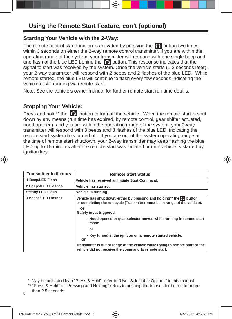 8Starting Your Vehicle with the 2-Way:The remote control start function is activated by pressing the        button two times within 3 seconds on either the 2-way remote control transmitter. If you are within the operating range of the system, your transmitter will respond with one single beep and one ﬂ ash of the blue LED behind the        button. This response indicates that the signal to start was received by the system. Once the vehicle starts (1-3 seconds later), your 2-way transmitter will respond with 2 beeps and 2 ﬂ ashes of the blue LED.  While remote started, the blue LED will continue to ﬂ ash every few seconds indicating the vehicle is still running via remote start. Note: See the vehicle’s owner manual for further remote start run time details.Stopping Your Vehicle:Press and hold** the         button to turn off the vehicle.  When the remote start is shut down by any means (run time has expired, by remote control, gear shifter actuated, hood opened), and you are within the operating range of the system, your 2-way transmitter will respond with 3 beeps and 3 ﬂ ashes of the blue LED, indicating the remote start system has turned off.  If you are out of the system operating range at the time of remote start shutdown, your 2-way transmitter may keep ﬂ ashing the blue LED up to 15 minutes after the remote start was initiated or until vehicle is started by ignition key.  Vehicle has shut down, either by pressing and holding** the       button or completing the run cycle (Transmitter must be in range of the vehicle). 3 Beeps/LED FlashesVehicle has started.Vehicle has received an Initiate Start Command.Remote Start StatusTransmitter Indicators 1 Beep/LED Flash2 Beeps/LED FlashesSteady LED Flash Vehicle is running.or Safety input triggered:  -  Hood opened or gear selector moved while running in remote start     mode.  or  -  Key turned in the ignition on a remote started vehicle.orTransmitter is out of range of the vehicle while trying to remote start or the vehicle did not receive the command to remote start. Using the Remote Start Feature, con’t (optional)*  May be activated by a “Press &amp; Hold”, refer to “User Selectable Options” in this manual.** “Press &amp; Hold” or “Pressing and Holding” refers to pushing the transmitter button for more than 2.5 seconds.4280760 Phase 2 VSS_RMST Owners Guide.indd   84280760 Phase 2 VSS_RMST Owners Guide.indd   8 3/22/2017   4:52:31 PM3/22/2017   4:52:31 PM