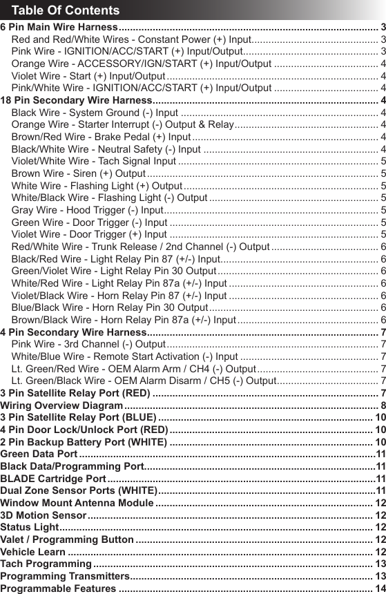 Table Of Contents6 Pin Main Wire Harness ............................................................................................ 3Red and Red/White Wires - Constant Power (+) Input ............................................. 3Pink Wire - IGNITION/ACC/START (+) Input/Output ................................................ 3Orange Wire - ACCESSORY/IGN/START (+) Input/Output ..................................... 4Violet Wire - Start (+) Input/Output ........................................................................... 4Pink/White Wire - IGNITION/ACC/START (+) Input/Output ..................................... 418 Pin Secondary Wire Harness ................................................................................ 4Black Wire - System Ground (-) Input ...................................................................... 4Orange Wire - Starter Interrupt (-) Output &amp; Relay ................................................... 4Brown/Red Wire - Brake Pedal (+) Input .................................................................. 4Black/White Wire - Neutral Safety (-) Input .............................................................. 4Violet/White Wire - Tach Signal Input ....................................................................... 5Brown Wire - Siren (+) Output .................................................................................. 5White Wire - Flashing Light (+) Output ..................................................................... 5White/Black Wire - Flashing Light (-) Output ............................................................ 5Gray Wire - Hood Trigger (-) Input ............................................................................ 5Green Wire - Door Trigger (-) Input .......................................................................... 5Violet Wire - Door Trigger (+) Input .......................................................................... 5Red/White Wire - Trunk Release / 2nd Channel (-) Output ...................................... 6Black/Red Wire - Light Relay Pin 87 (+/-) Input ........................................................ 6Green/Violet Wire - Light Relay Pin 30 Output ......................................................... 6White/Red Wire - Light Relay Pin 87a (+/-) Input ..................................................... 6Violet/Black Wire - Horn Relay Pin 87 (+/-) Input ..................................................... 6Blue/Black Wire - Horn Relay Pin 30 Output ............................................................ 6Brown/Black Wire - Horn Relay Pin 87a (+/-) Input .................................................. 64 Pin Secondary Wire Harness .................................................................................. 7Pink Wire - 3rd Channel (-) Output ........................................................................... 7White/Blue Wire - Remote Start Activation (-) Input ................................................. 7Lt. Green/Red Wire - OEM Alarm Arm / CH4 (-) Output ........................................... 7Lt. Green/Black Wire - OEM Alarm Disarm / CH5 (-) Output .................................... 73 Pin Satellite Relay Port (RED) ................................................................................ 7Wiring Overview Diagram .......................................................................................... 83 Pin Satellite Relay Port (BLUE) ............................................................................ 104 Pin Door Lock/Unlock Port (RED) ........................................................................ 102 Pin Backup Battery Port (WHITE) ........................................................................ 10Green Data Port .........................................................................................................11Black Data/Programming Port..................................................................................11BLADE Cartridge Port ...............................................................................................11Dual Zone Sensor Ports (WHITE) .............................................................................11Window Mount Antenna Module ............................................................................. 123D Motion Sensor ..................................................................................................... 12Status Light ............................................................................................................... 12Valet / Programming Button .................................................................................... 12Vehicle Learn ............................................................................................................ 12Tach Programming ................................................................................................... 13Programming Transmitters...................................................................................... 13Programmable Features .......................................................................................... 14