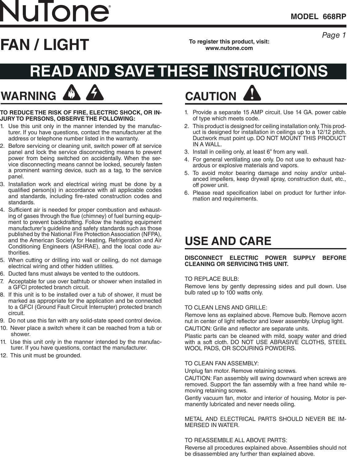 Page 1 of 8 - Nutone Nutone-668Rp-Quick-Start-Guide