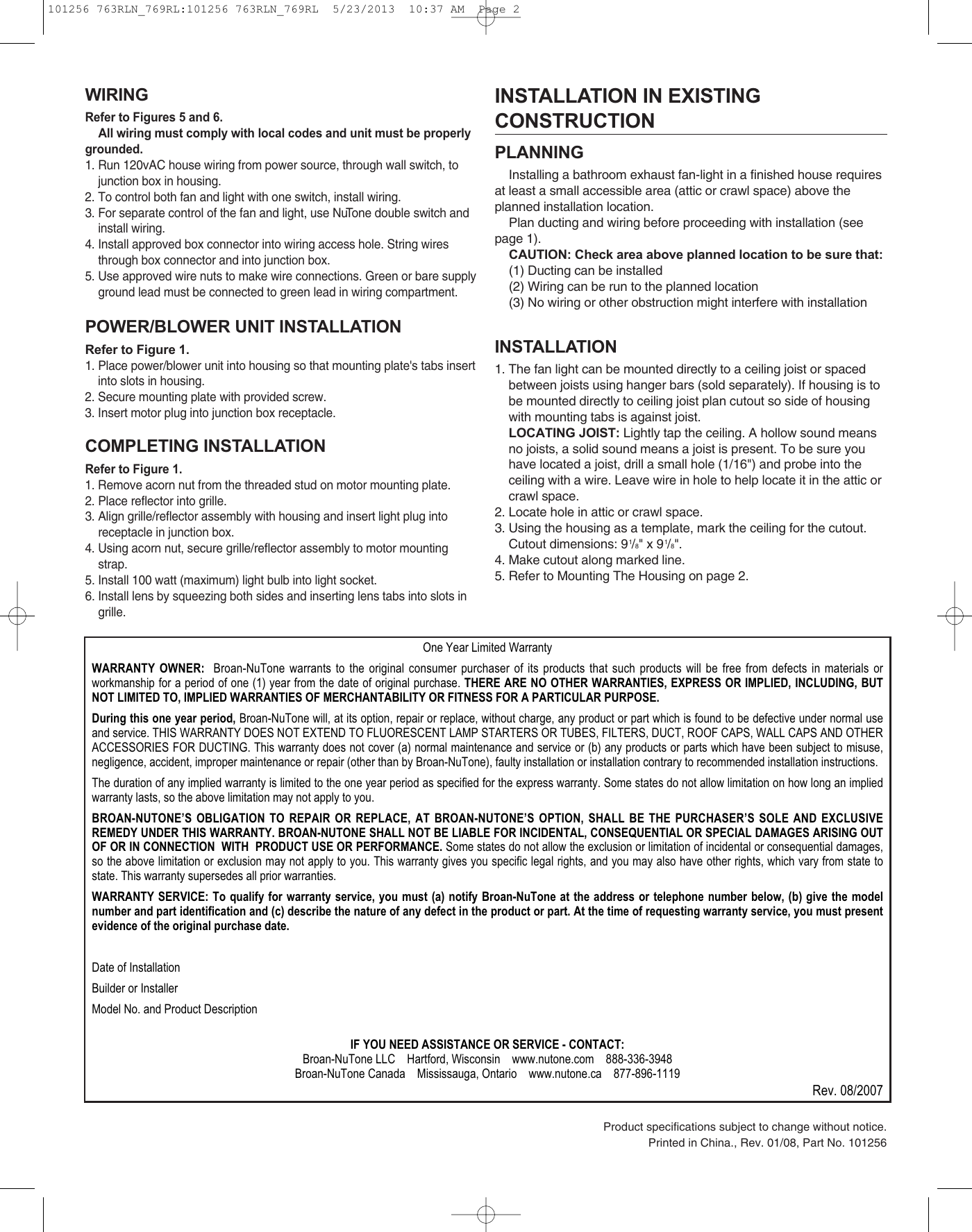 Page 2 of 8 - Nutone Nutone-763Rln-Quick-Start-Guide 101256 763RLN_769RL