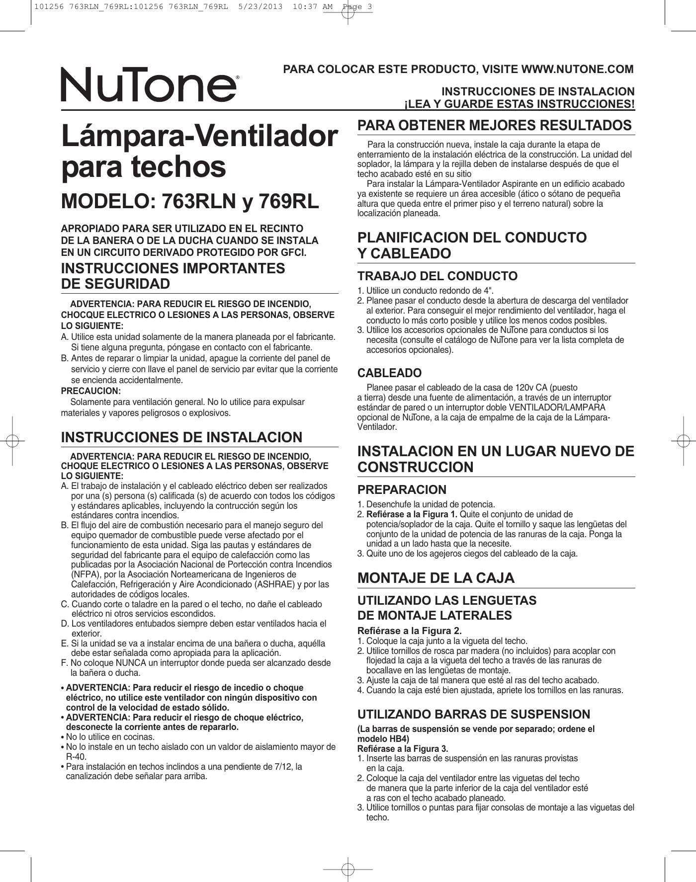 Page 3 of 8 - Nutone Nutone-763Rln-Quick-Start-Guide 101256 763RLN_769RL