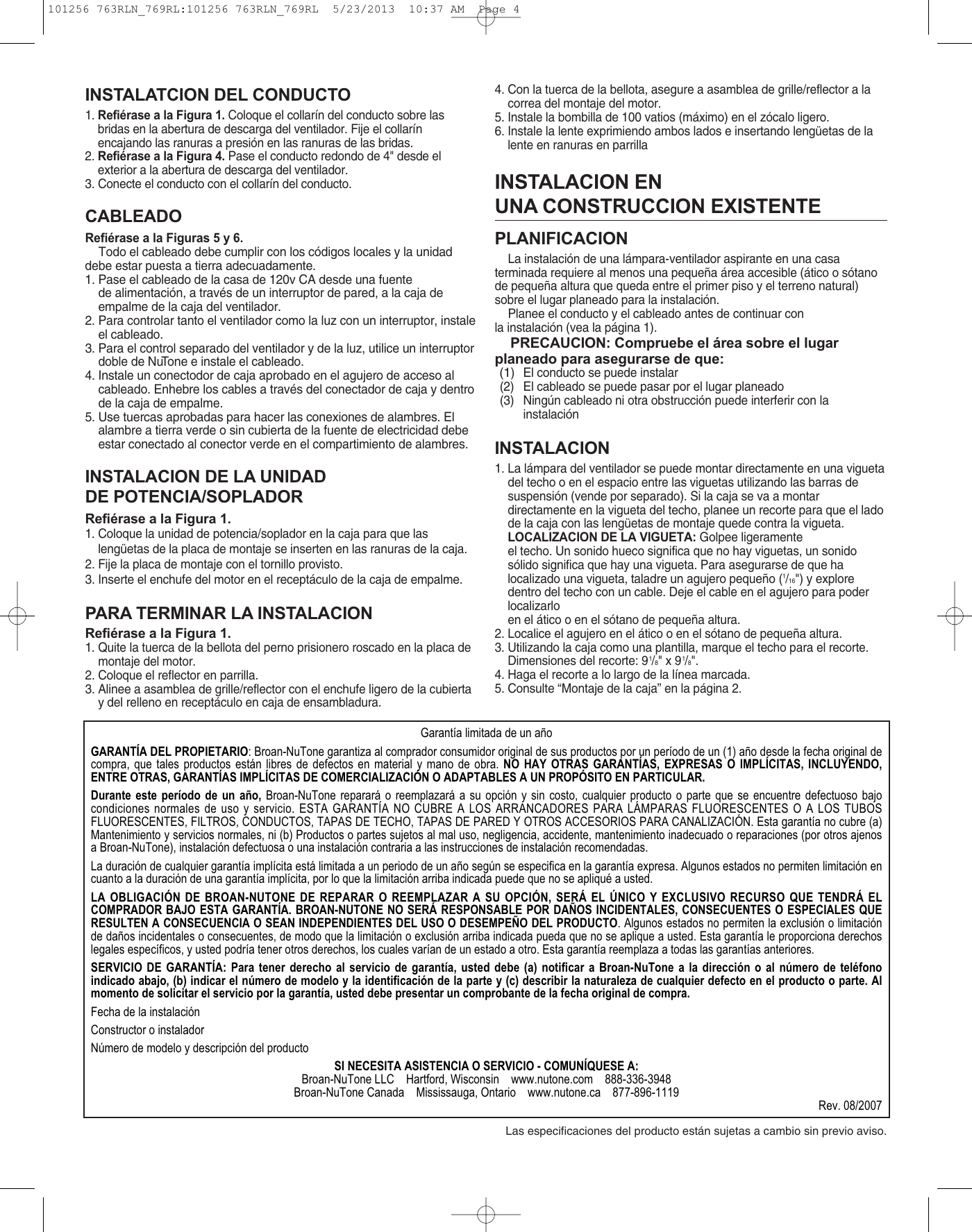 Page 4 of 8 - Nutone Nutone-763Rln-Quick-Start-Guide 101256 763RLN_769RL