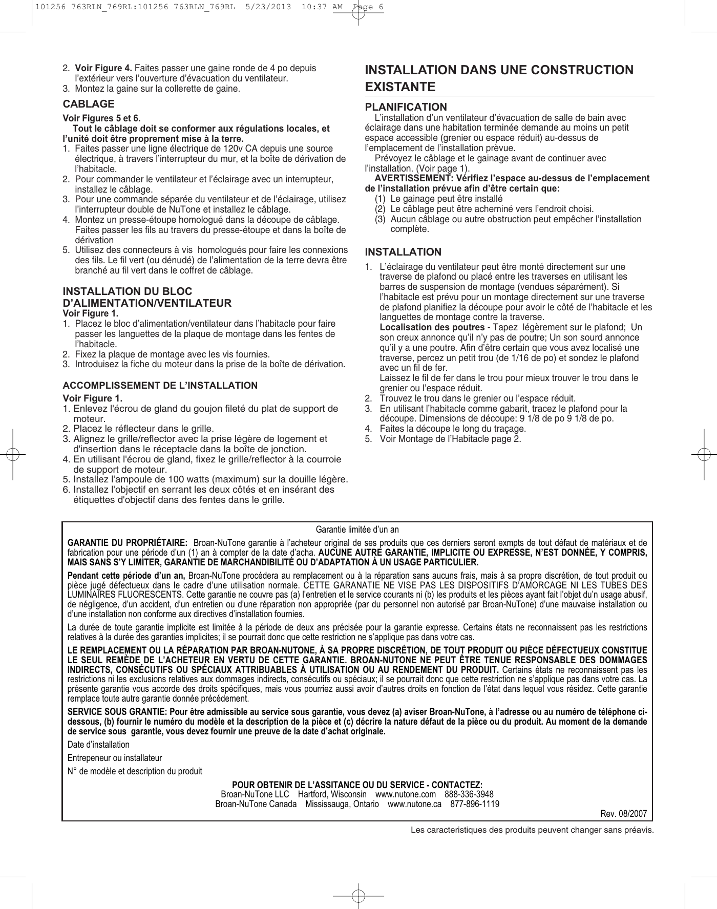 Page 6 of 8 - Nutone Nutone-763Rln-Quick-Start-Guide 101256 763RLN_769RL