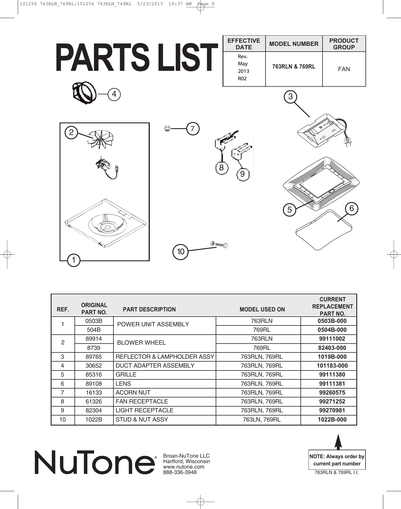 Page 8 of 8 - Nutone Nutone-763Rln-Quick-Start-Guide 101256 763RLN_769RL