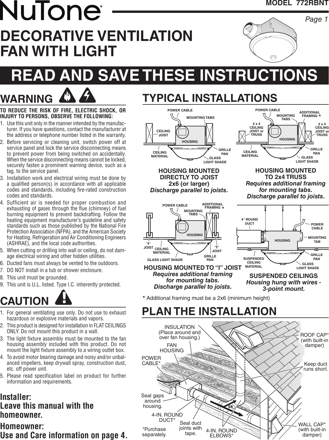 Page 1 of 8 - Nutone Nutone-772Rbnt-Quick-Start-Guide