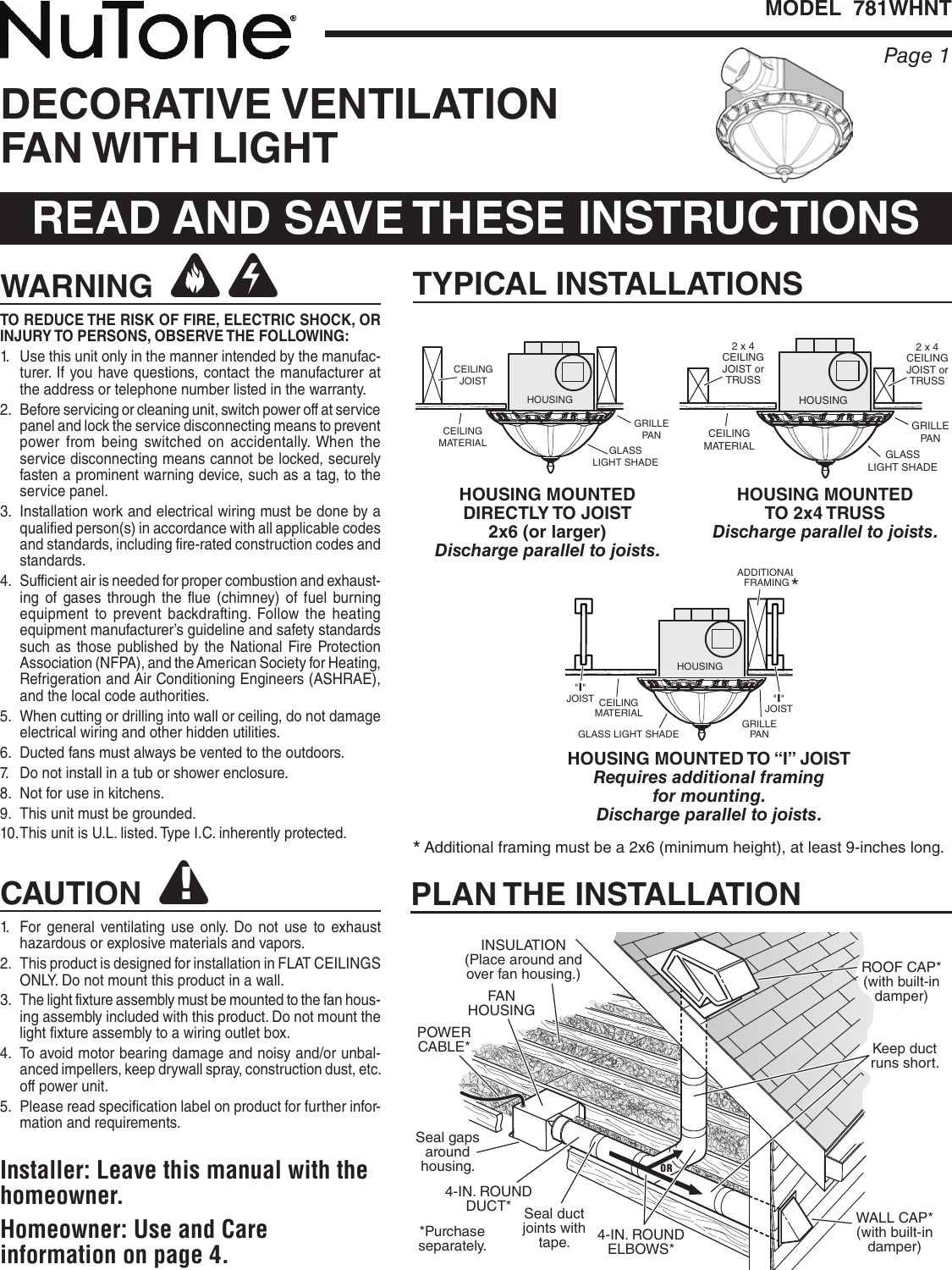 Page 1 of 8 - Nutone Nutone-781Whnt-Quick-Start-Guide