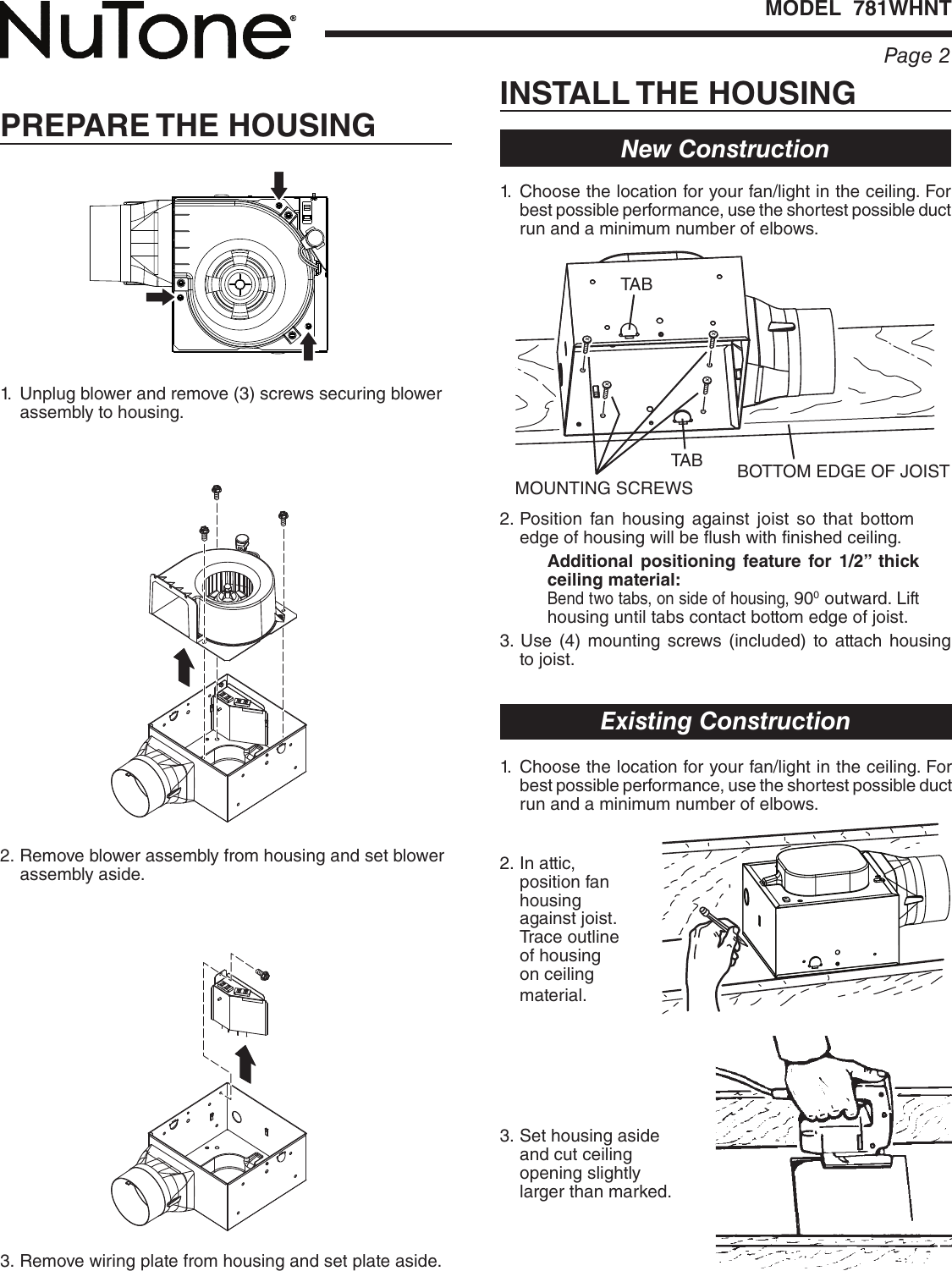 Page 2 of 8 - Nutone Nutone-781Whnt-Quick-Start-Guide