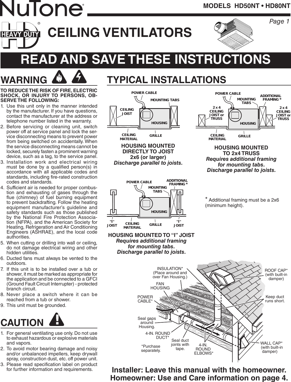 Page 1 of 8 - Nutone Nutone-Hd80Nt-Quick-Start-Guide