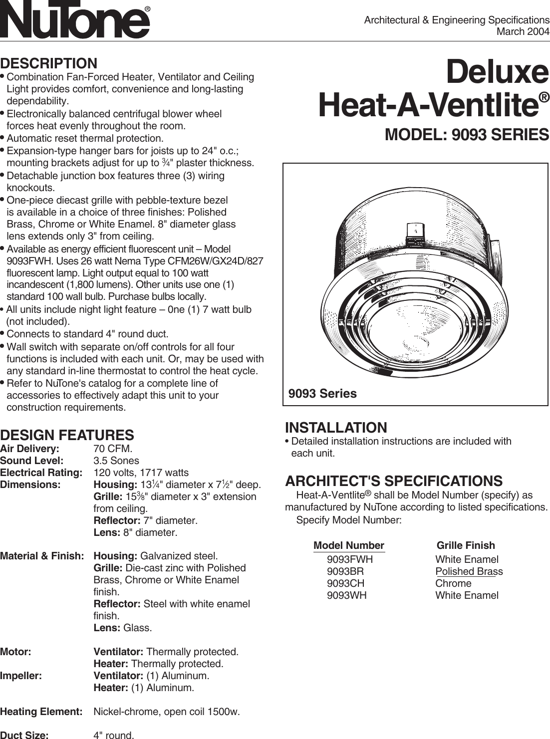 Page 1 of 2 - Nutone Nutone-Heat-A-Ventlite-9093-Series-Users-Manual- 9093 SERIES  Nutone-heat-a-ventlite-9093-series-users-manual